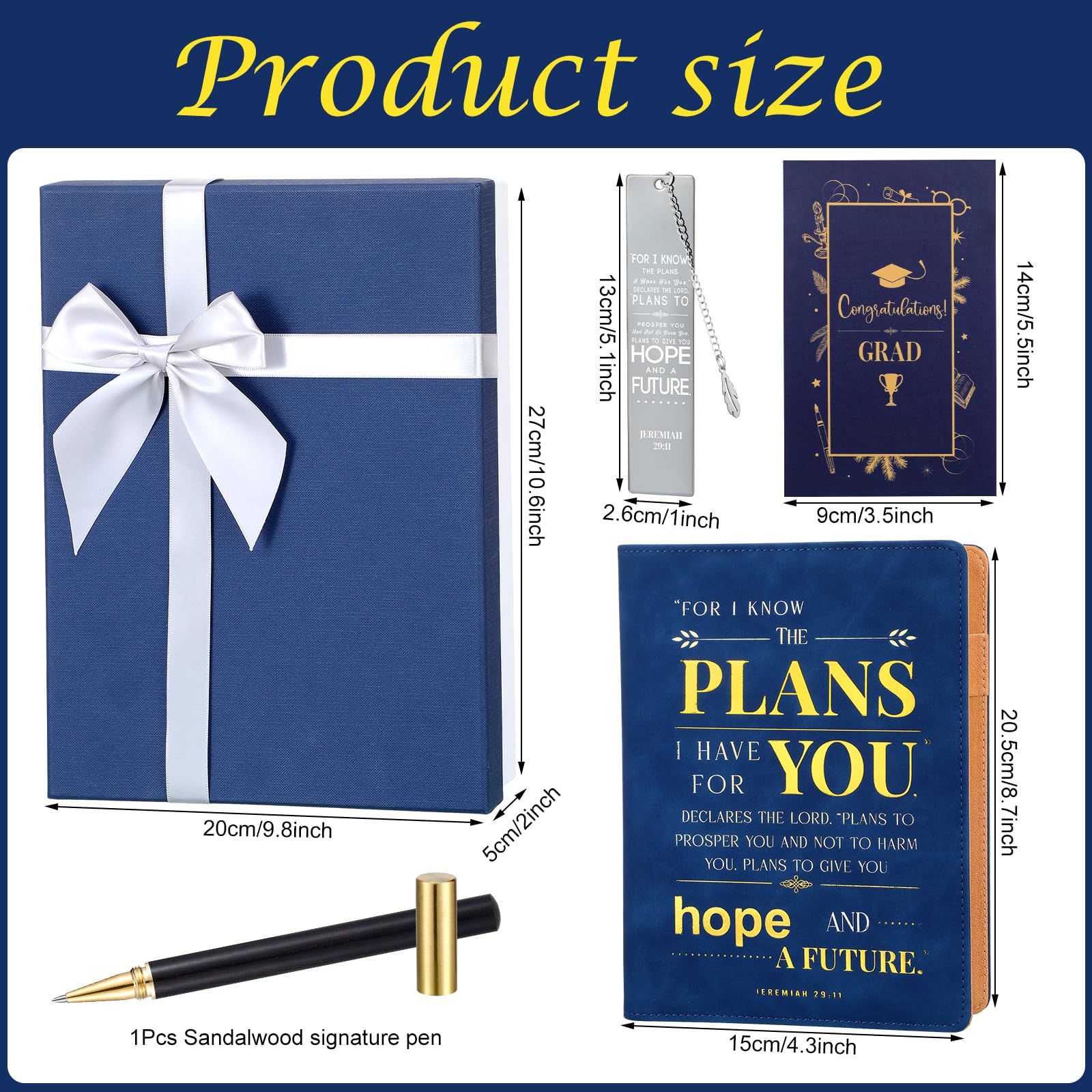 ReliThick 2026 Congrats Grad Gift Basket for Her Him Christian Leather Journal Notebook Metal Bible Bookmark Signature Pen Graduation Card for Class of 2026 Congratulations Gift(Blue Box,for I Know)