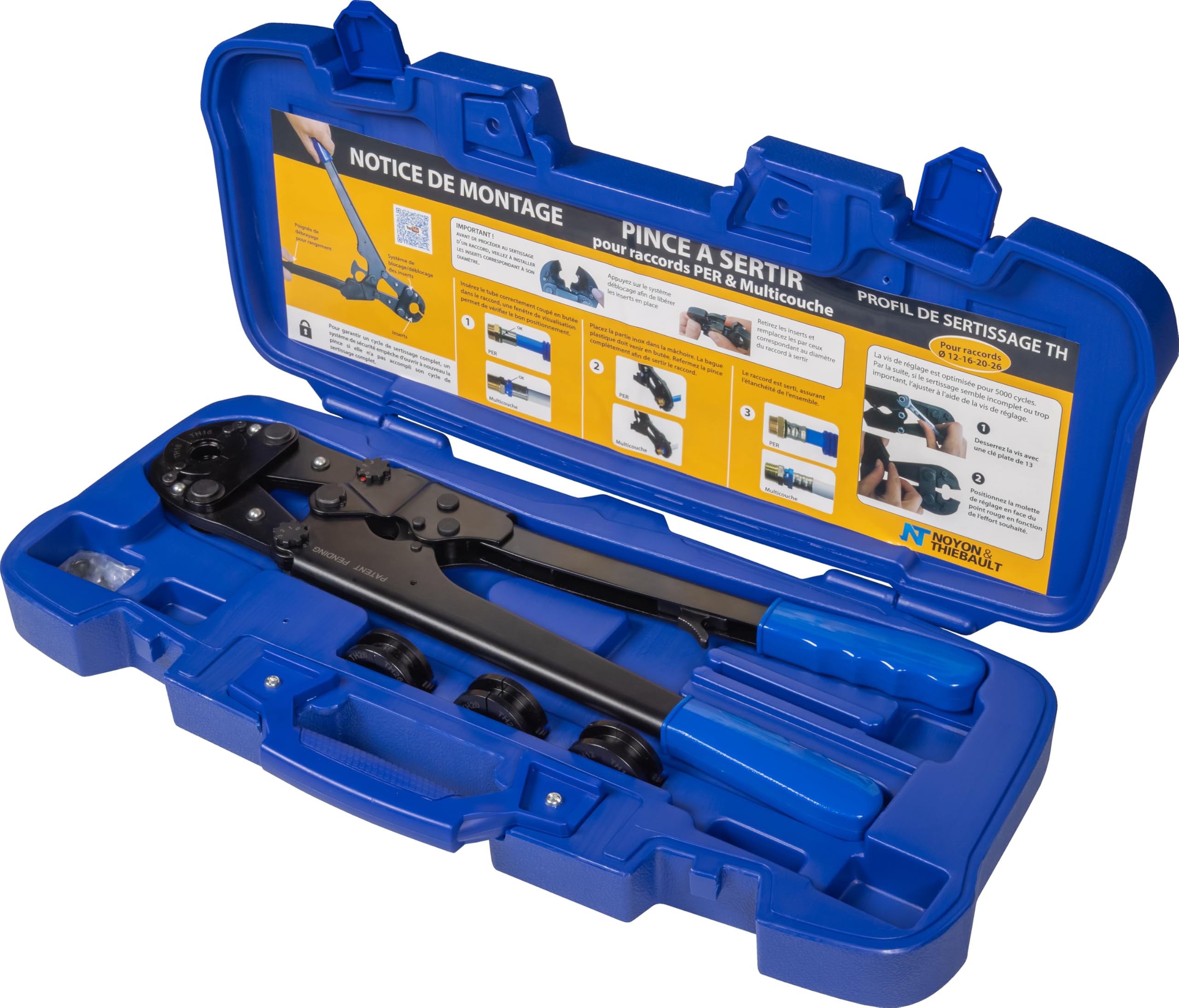 Pince à Sertir pour raccords Multicouche et PER profil TH coffret avec inserts 12-​16 - 20-​26 - Crémaillère garantissant le sertissage complet avant ouverture NOYON & THIEBAULT