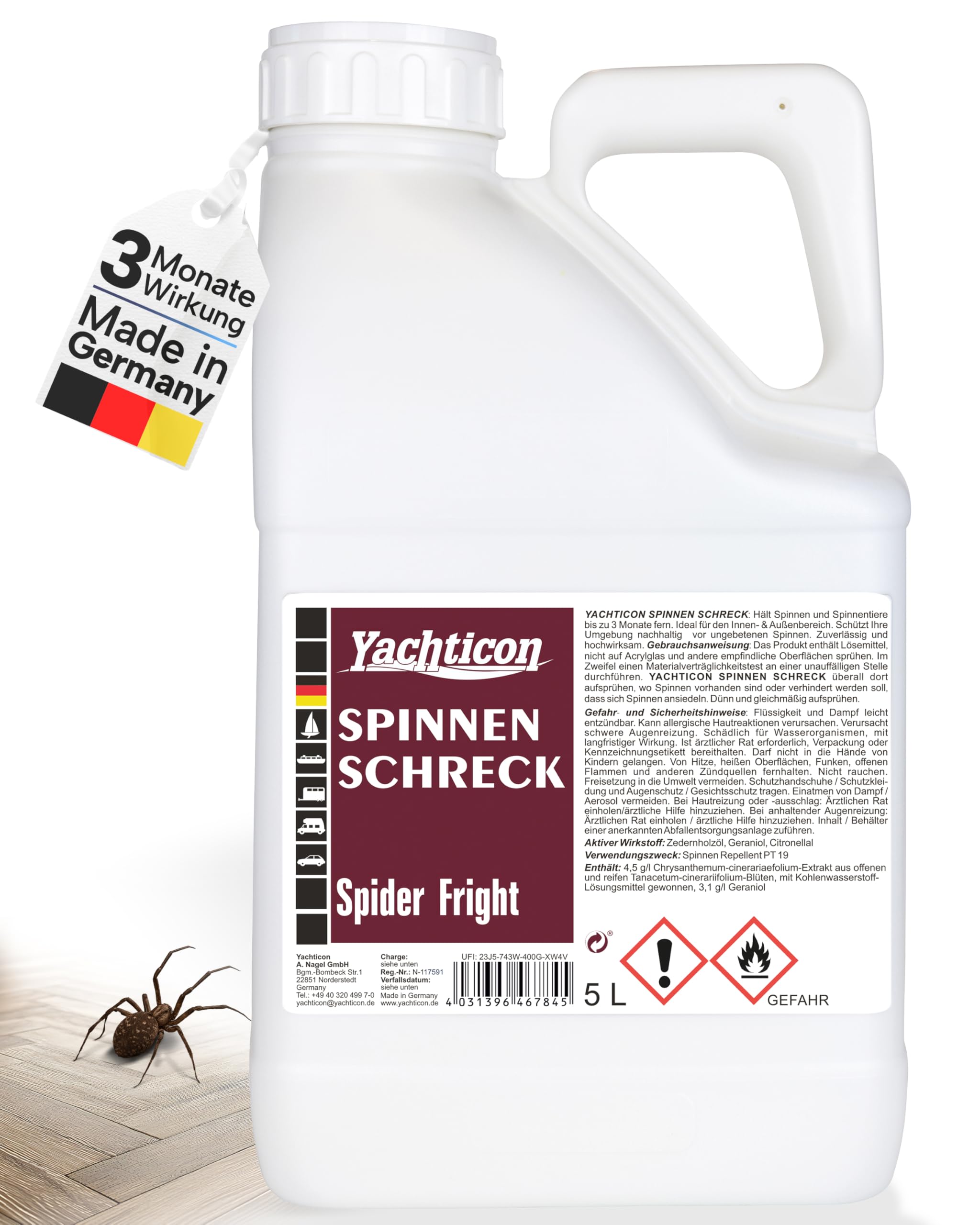 Yachticon Spinnen Schreck 5 Liter – Spinnenspray & Insektenspray – Natürliches Ungeziefer Spray mit Geraniol & Pyrethrum gegen Spinnen & Insekten – Für Terrasse, Boot, Wohnmobil, Haus & Garten