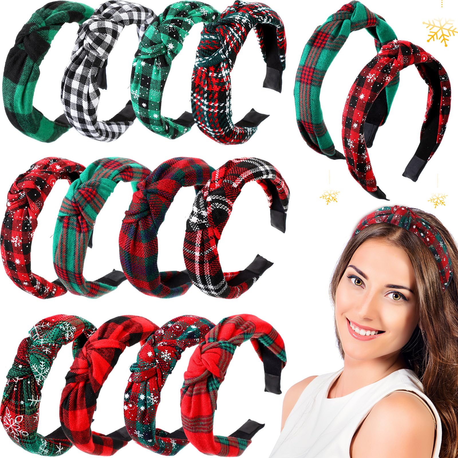 Yilloog 12 Pcs Christmas Knotted Retro Hair Band Snowflake Buffalo Plaid Headband Green Red for Women Wide Accessories Holiday Hoop Hairband for Yoga