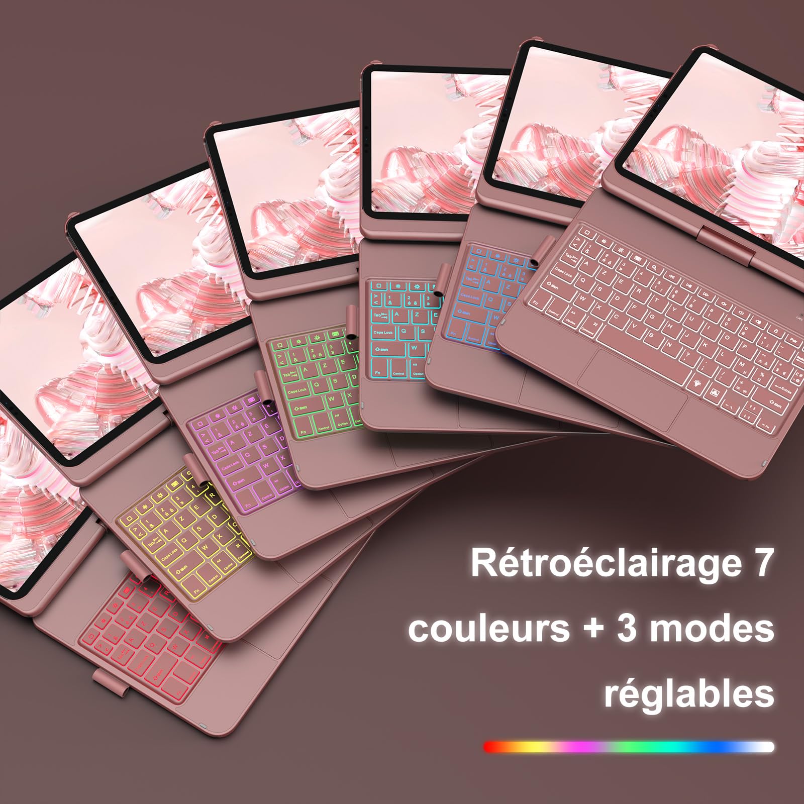 KBCASE Clavier pour iPad A16 11/10 Ème Generation avec Pavé Tactile (11 Pouces 2025/10.9 Pouces 2022), 360° Rotatif, 7 Couleurs Rétroéclairées avec Porte Crayon, AZERTY pour iPad 10eme/11eme, Or Rose