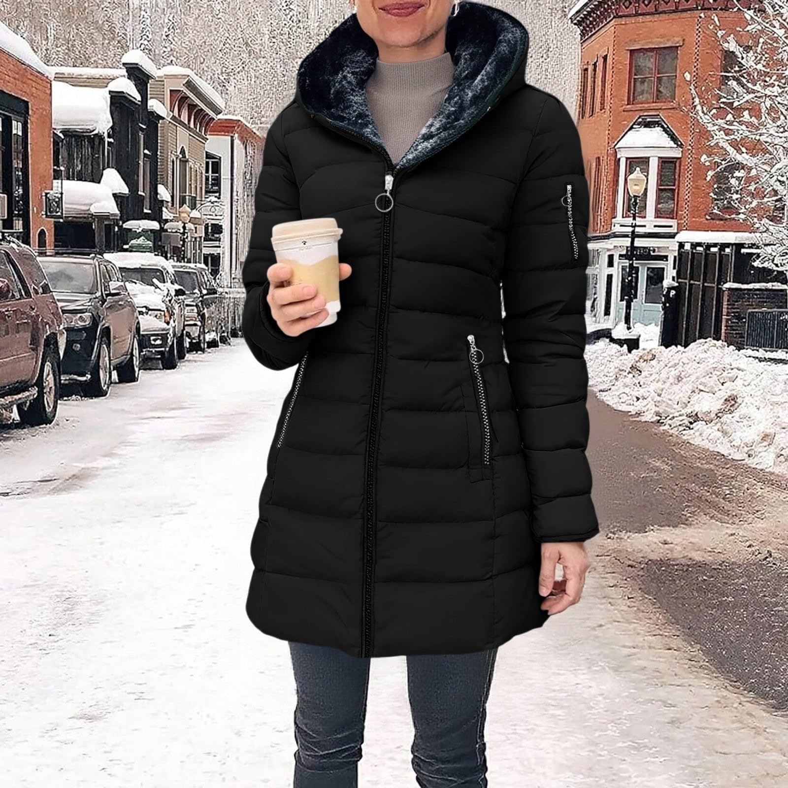 Wintermantel Damen Lang Winterjacke mit Kapuze Warm Winterparka Gefüttert Winter Jacke mit Reißverschluss Mantel Parka Einfarbig Klassisches Steppmantel Bequemes Steppjacke