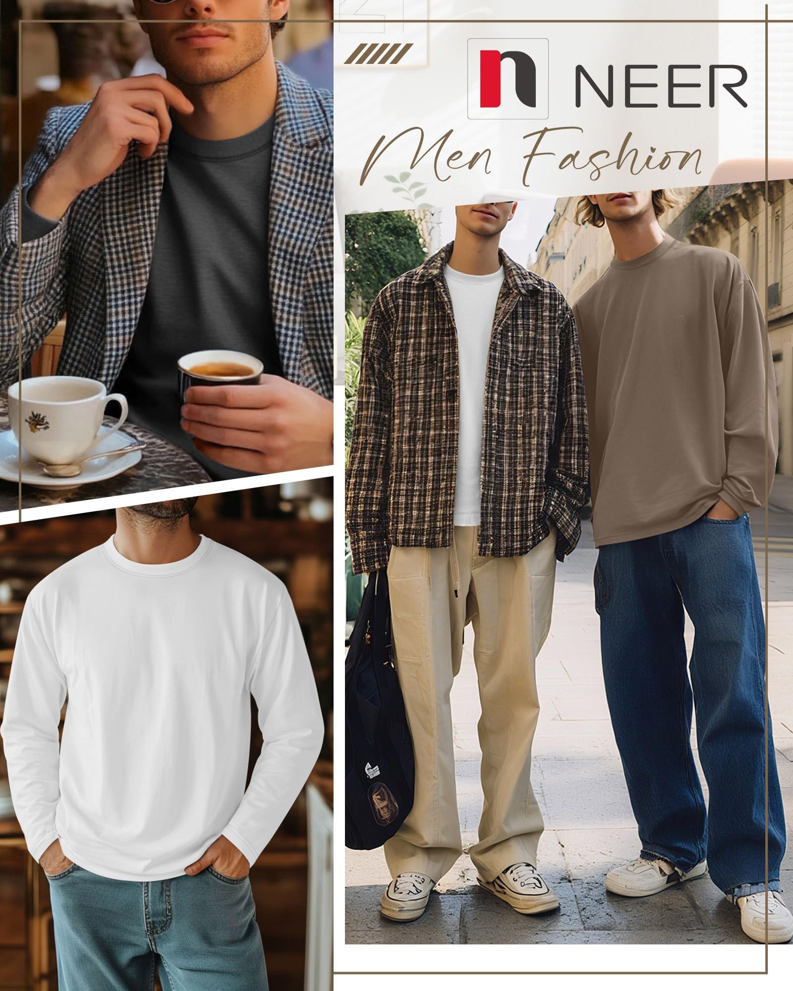 Neer Paquete de 4 Camisetas para Hombre, Tallas Grandes y Altas, 95% Algodón, Manga Larga, Cuello Redondo, Informales