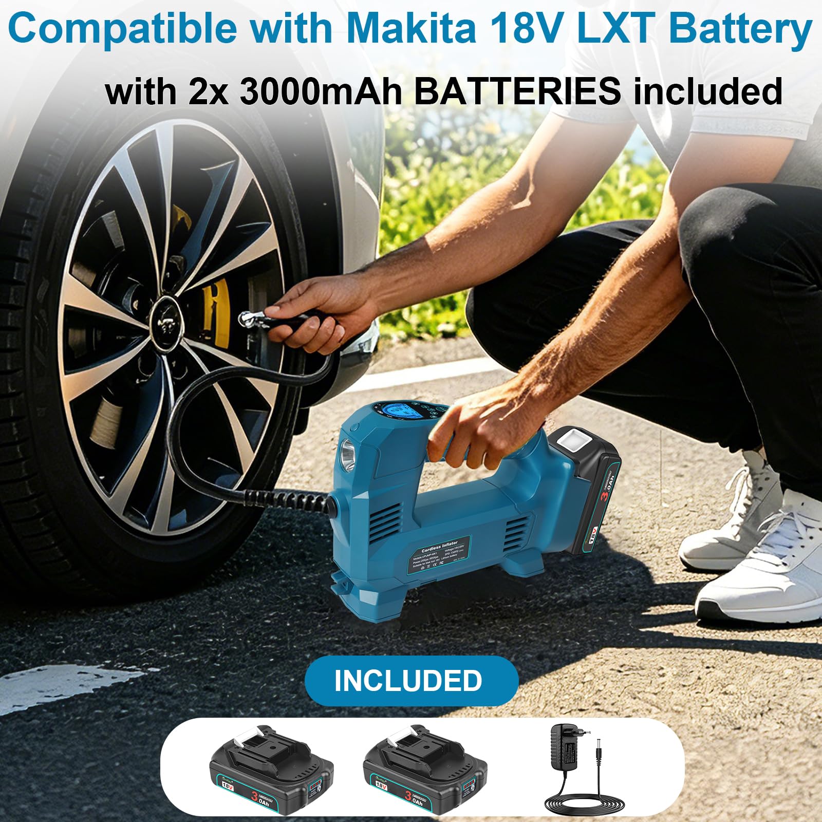 Powarobor Akku-Kompressor Set für Makita 18V Akku,2x 3.0Ah Akkus+Ladegerät