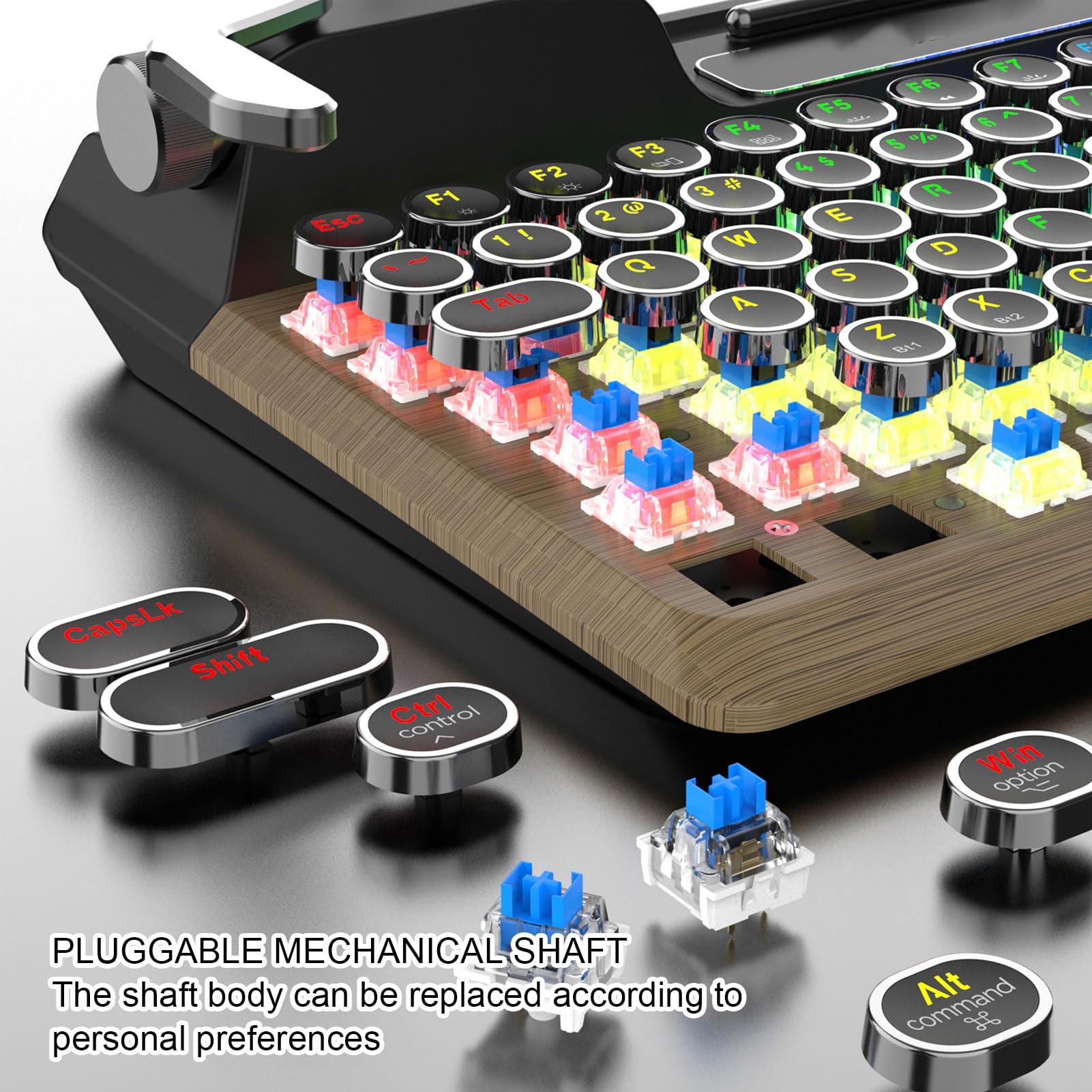 VBESTLIFE Retro Maszyna do Pisania Bezprzewodowa Klawiatura Gier Mechanicznych z Bluetooth 5.0, 84 Klawisze, Niebieskie Przełączniki, Punkowa Okrągła Keycap, Podświetlenie RGB, Odpoczynek