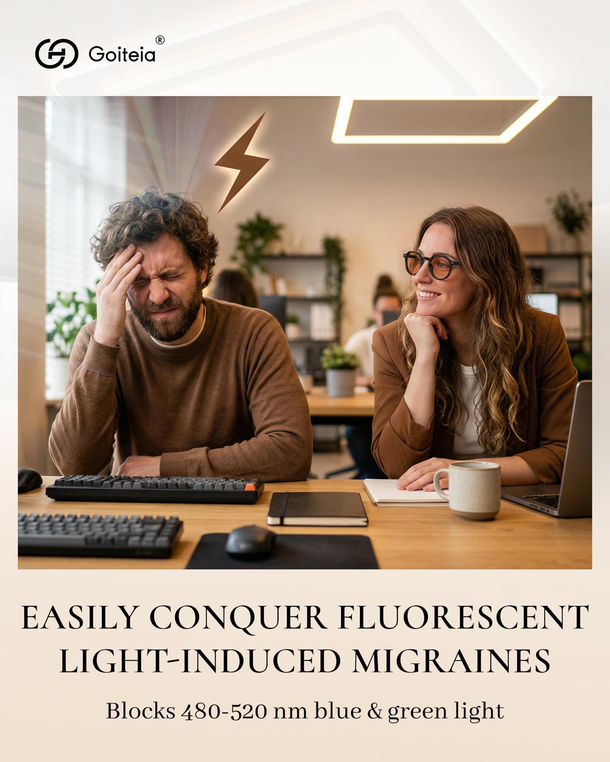 Goiteia FL-Rose Lunettes de migraine, lunettes de sensibilité à la lumière pour lumière fluorescente et lumière LED de bureau, monture en acétate faite à la main avec un look élégant au quotidien