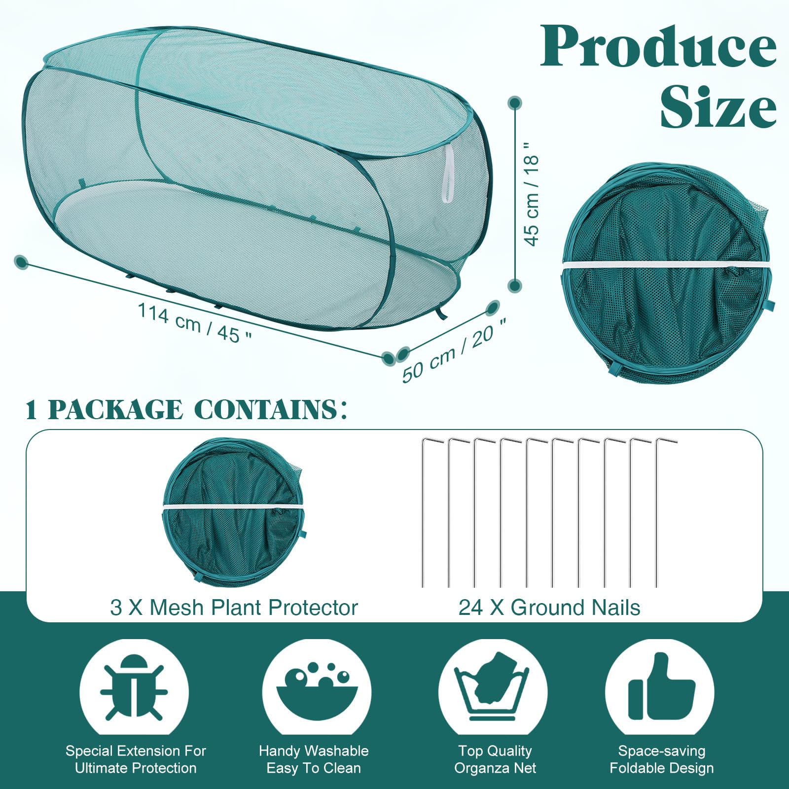 Threehoney 3 Stück 114,3 x 50,8 x 45,7 cm faltbare Gartenreihen Pflanzen Abdeckung Gemüse Mesh Pflanzenschutz Netz Käfigschutz mit Bodennägeln zum Schutz von Gemüse, Obst, Sämlingen und Blumen
