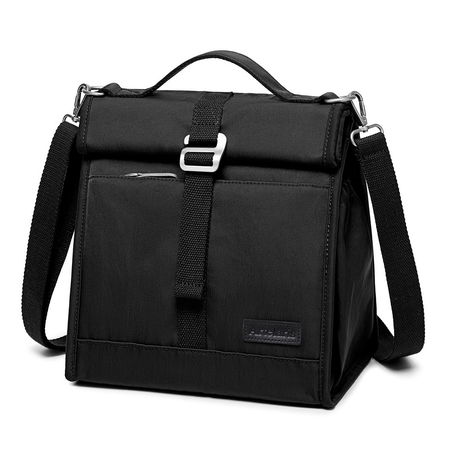 Artelaris Small Portable Roll Top Lunch Bag for Men & Women, Insulated, 9.6in x 6.5in x 10.5in, Black, Polyester