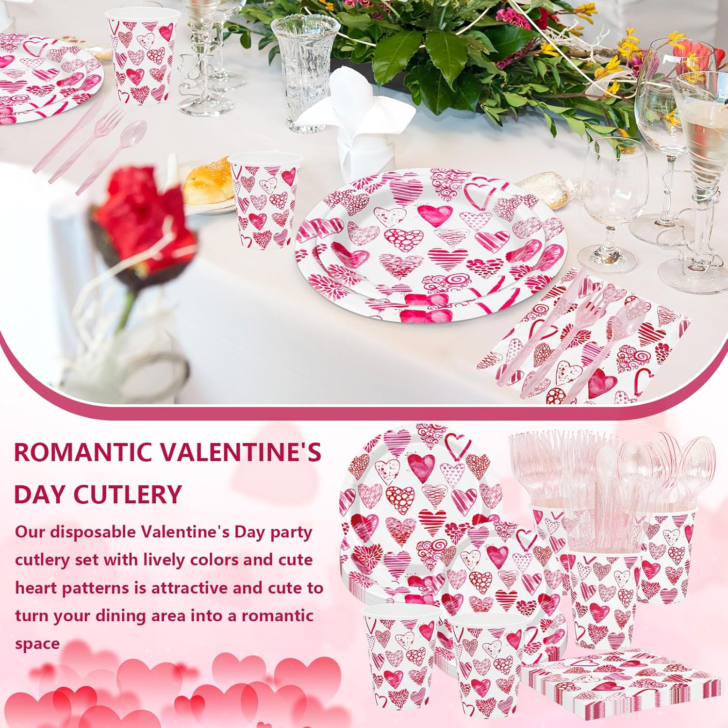 JarThenaAMCS Valentine's Day Party Supplies Kit Watercolor Pink Heart Tableware Set Disposable Paper Plates Cups Napkins Forks Knives Spoons For 25 Guests Wedding Birthday - Image 7