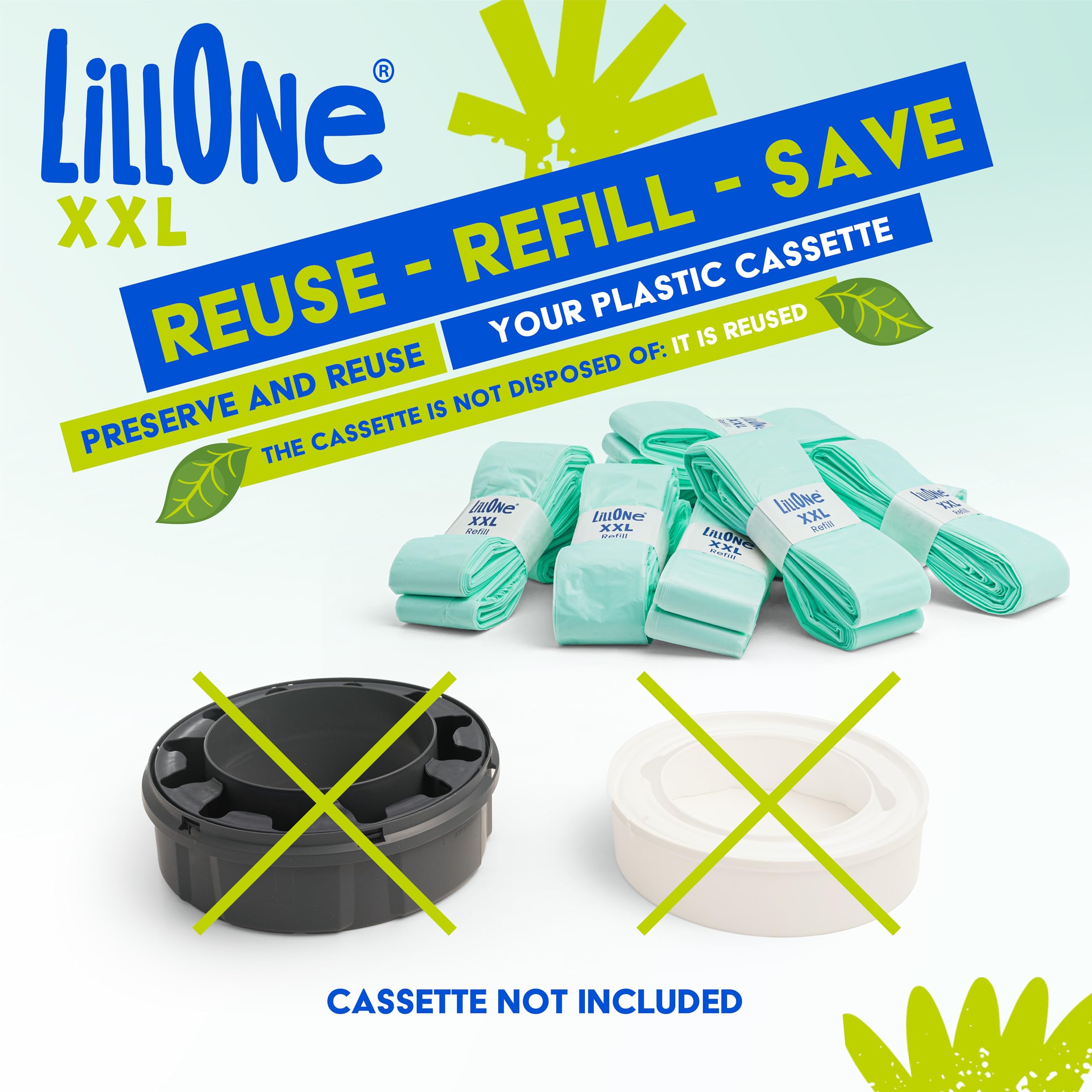 LillOne 8 XXL Wkłady Extra Długie 10,5 m do Pojemnika na Pieluchy – Kompatybilne z Tommee Tippee, Angelcare, Litter Locker i innymi – Grubsza Folia z Kontrolą Zapachu i Ochroną Antybakteryjną