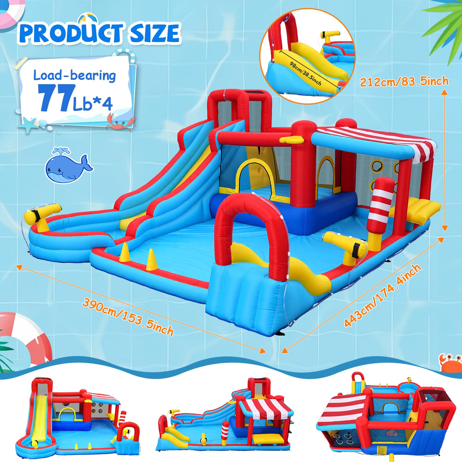 Tobogán acuático Inflable 15 en 1 Castillo Hinchable con tobogán Largo y Piscina Grande, Soporte para Aperitivos con toldo, Mini tobogán, Niebla y cañones de Agua para niños, jardín, Fiesta al Aire