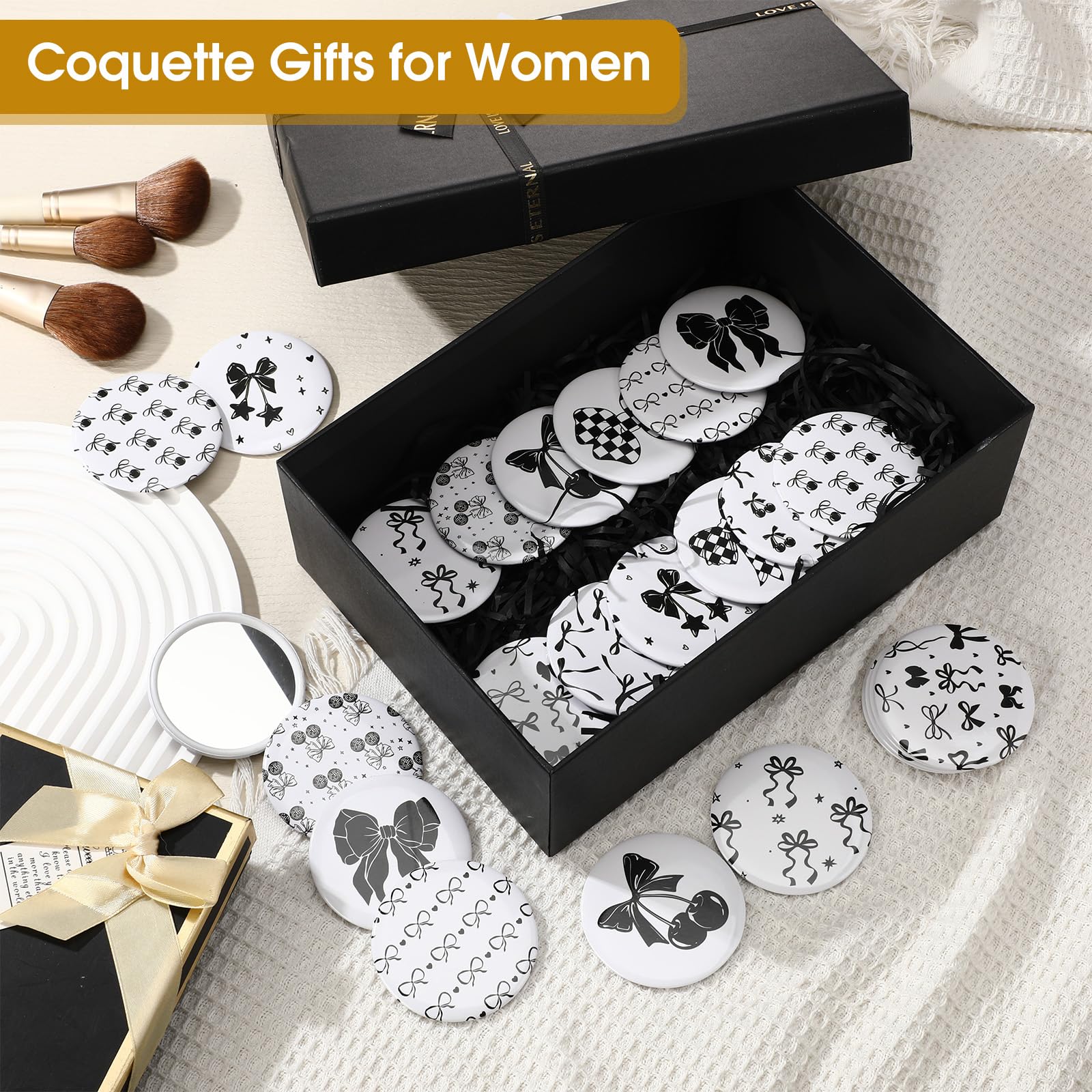 Cinnvoice Kosmetikspiegel, Kosmetikspiegel, schwarze Schleife, tragbar, Reise-Make-up, Taschenspiegel, für Mädchen, Frauen, Hochzeit, Brautparty, Quinceanera, Partygeschenk, 36 Stück