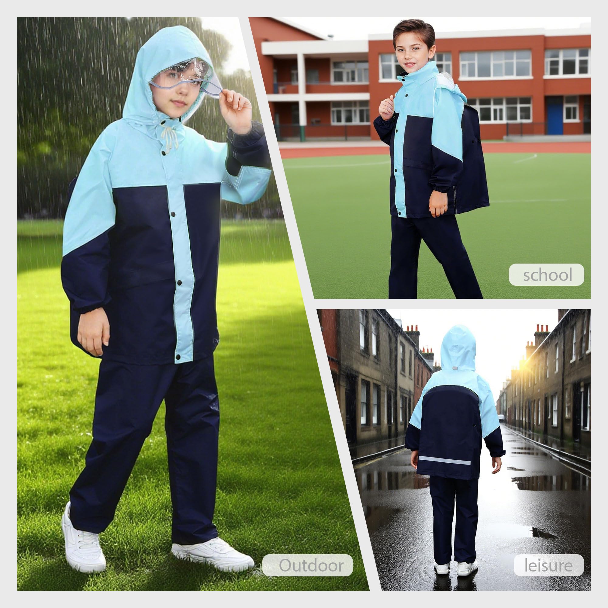 Chubasquero Impermeable Niño Niña Chaqueta Lluvia & Pantalones Traje con Capucha y Bolsa Portátil Impermeable Traje de Lluvia Conjunto Ligero Aire Libre Abrigos para Adolescente 8-14 años