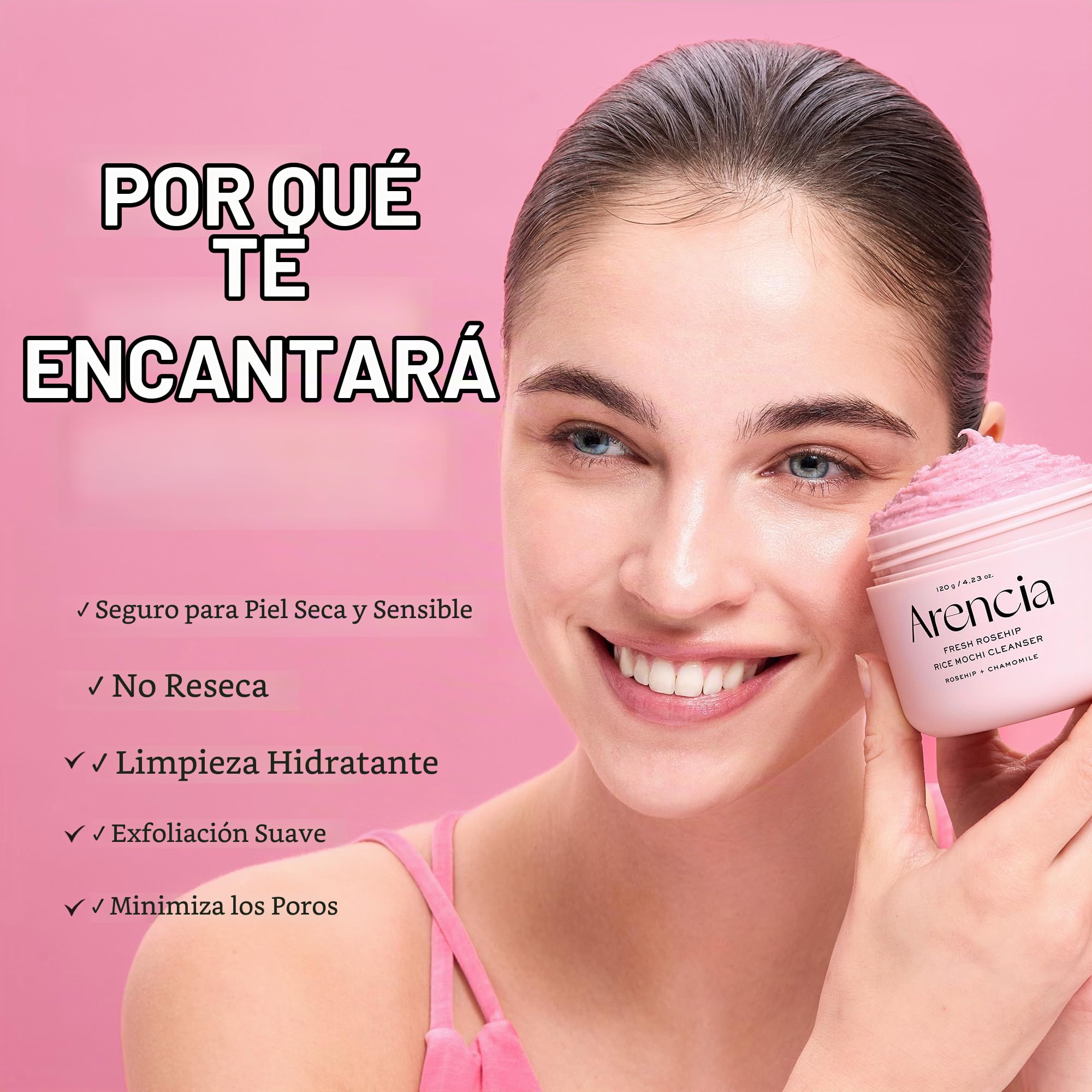 Arencia Limpiador facial de arroz Mochi con rosa mosqueta, exfoliante diario, hidratante, limpieza profunda para todo tipo de pieles, con polvo de arroz y agua de arroz, 50 g