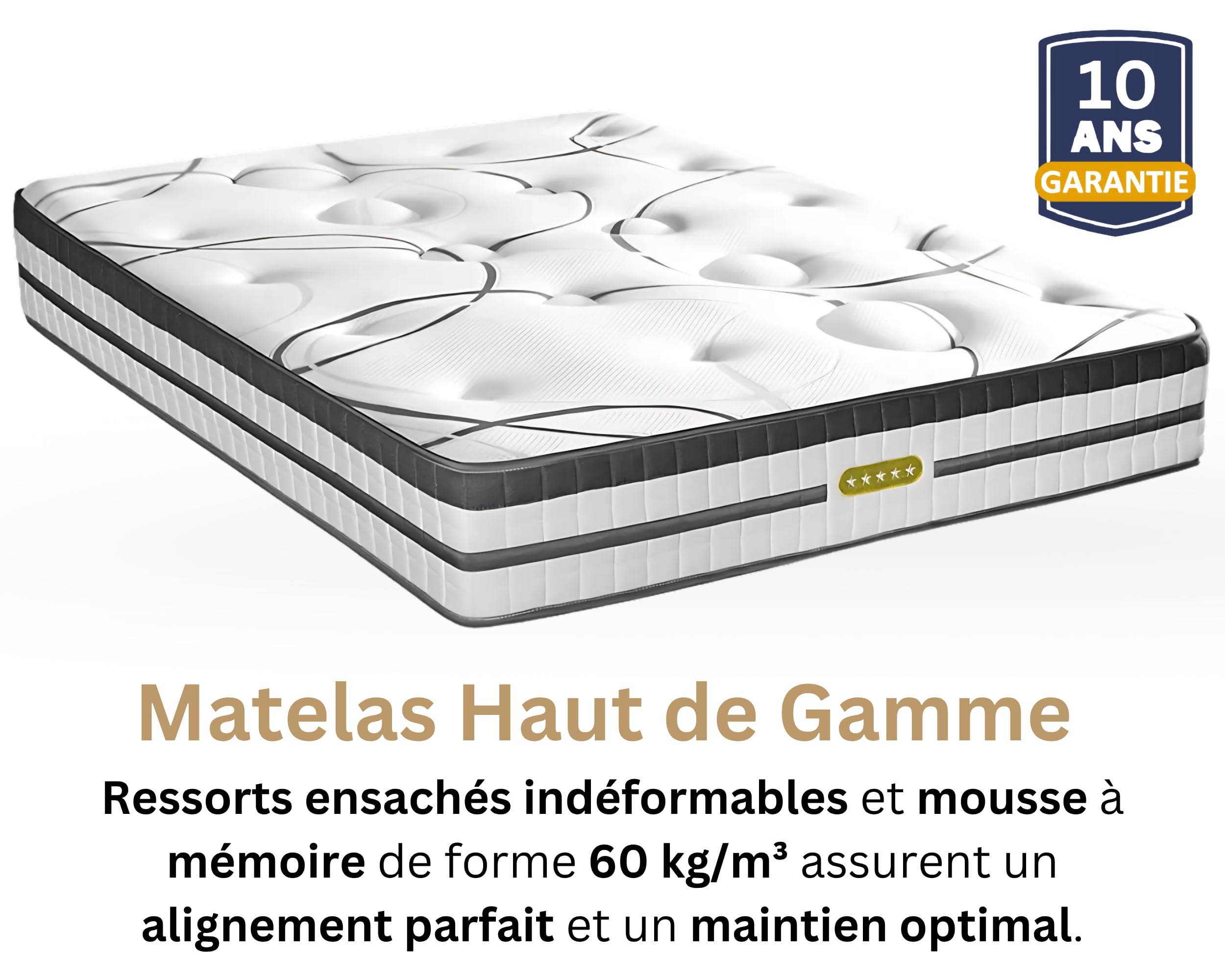 Maison Aubertin - Ensemble Matelas Sommier Hybride Concorde 160x200, Ép 56, 858 Ressorts Ensachés & Mémoire de Forme Haute Densité 60 kg/m³, Lit en Bois Massif, 2 Personnes, Ergonomique