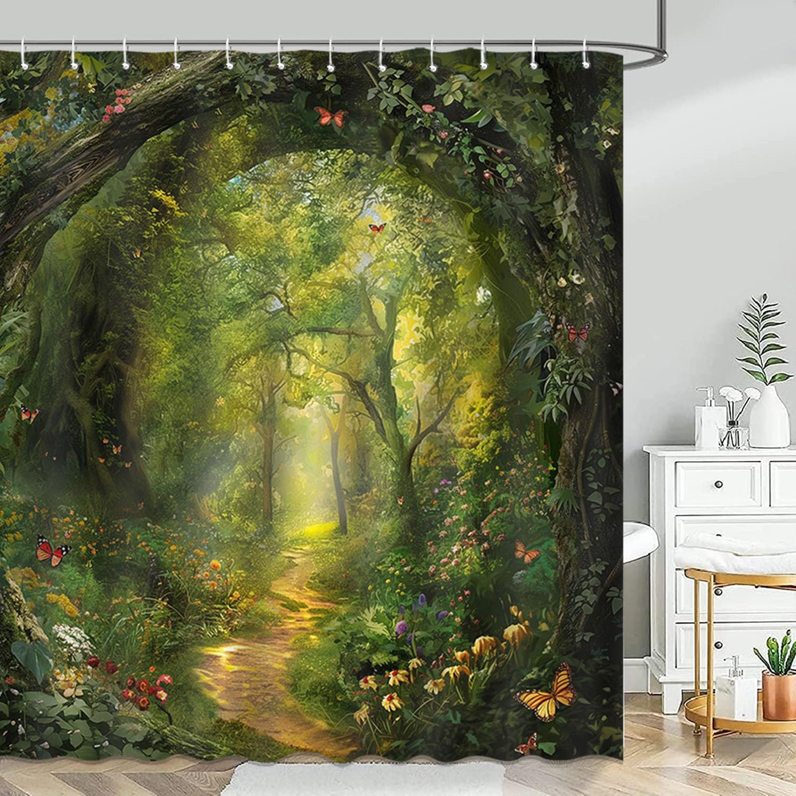 Mocsicka Tree Shower Curtain Spring Nature Garden Enchanted Forest Scene Bathroom Shower Curtain Tree Waterproof Fabric Shower Curtains Bathtub Decor