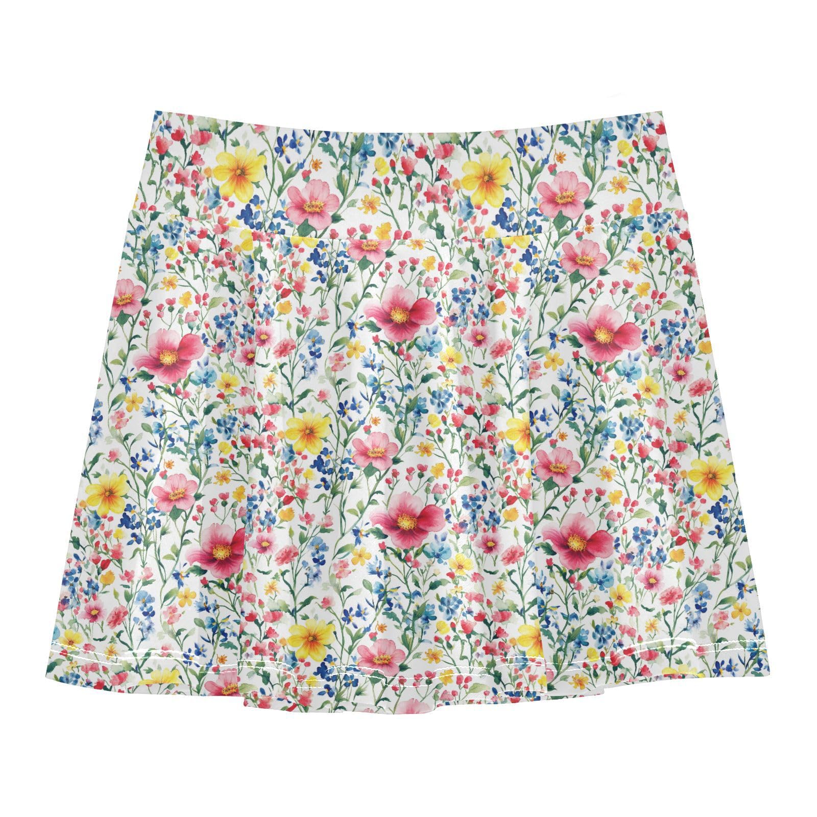Colored Wild Flower Girls Skorts with Built in Shorts Kids Pleated Skort with Pockets Flowy Toddler Athletic Skort