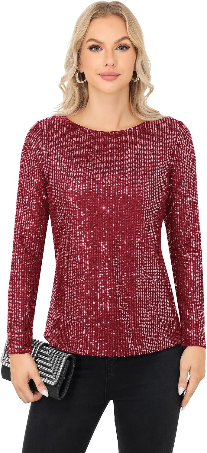 Anna-Kaci Women's Long Sleeve Sequin Crew Neck Top Sparkly Party Blouse with Lined Interior