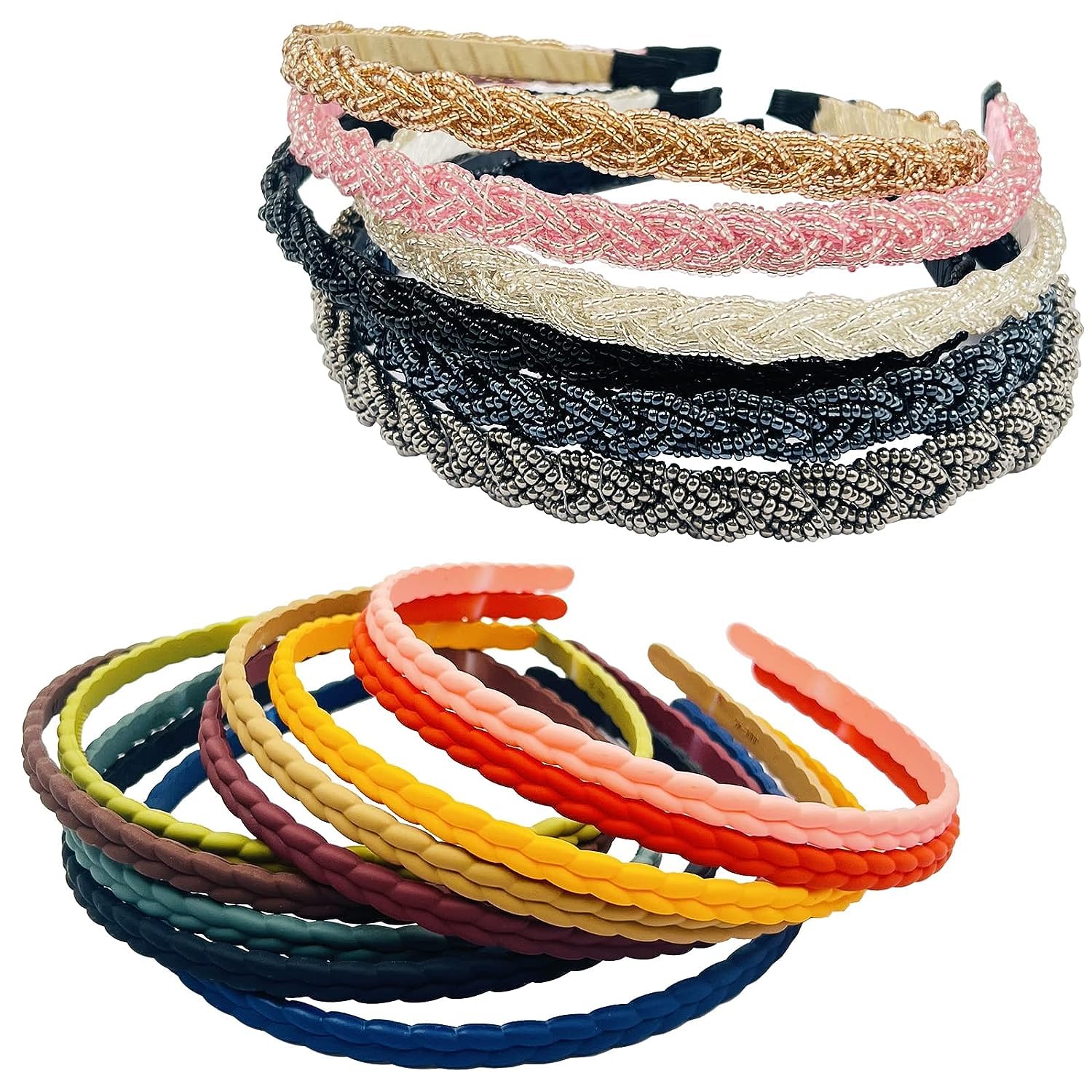 14 Pack Hair Hoops Headbands, 2 PCS Beaded Hair Hoops Headband Bead Hair Bands and 12 Pieces Plastic Pigtail Style Thin Headbands with Teeth Skinny Headbands for Women Girls Hair Accessories