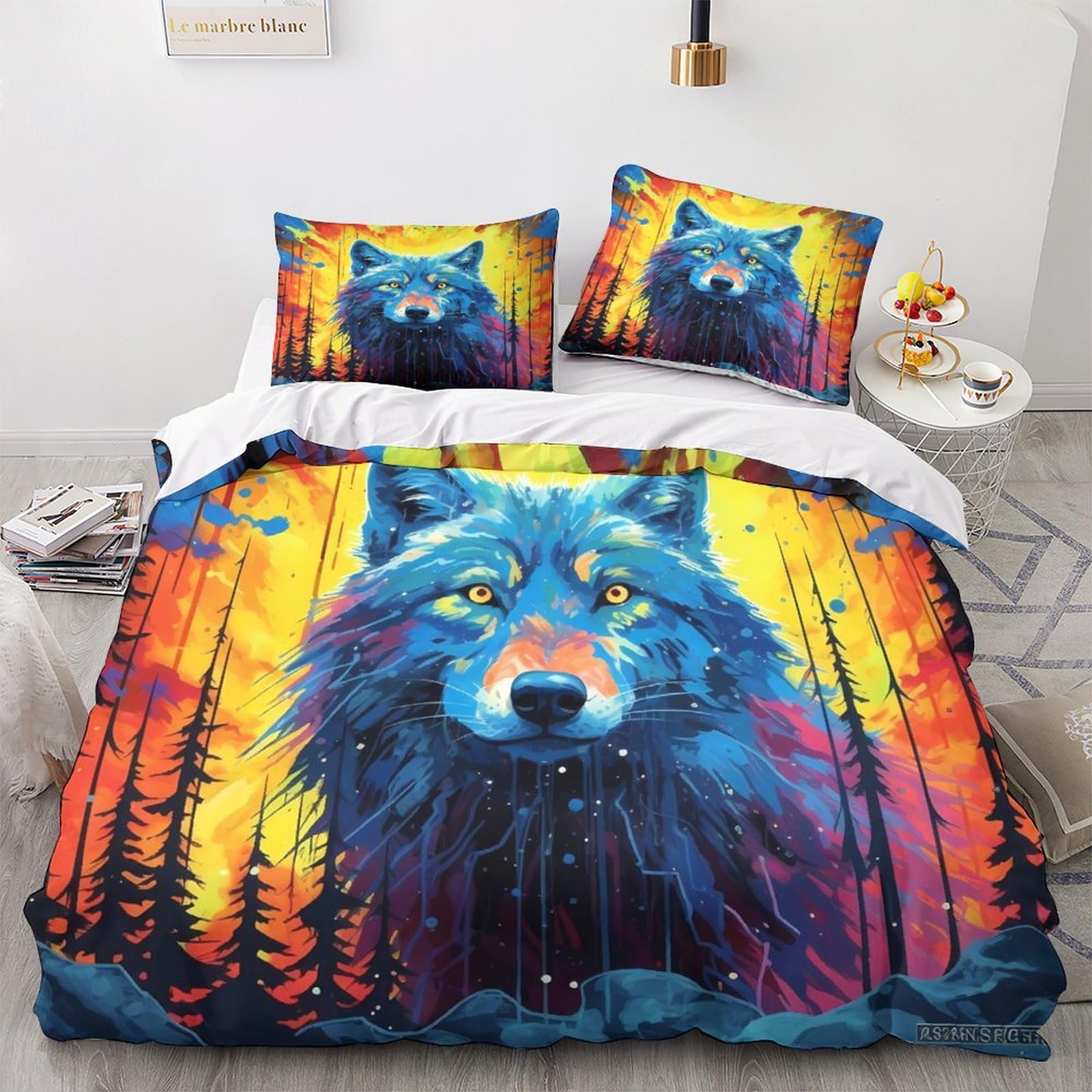 Housse de couette loup parure de lit 3 pièces imprimé animal sauvage 200x200cm