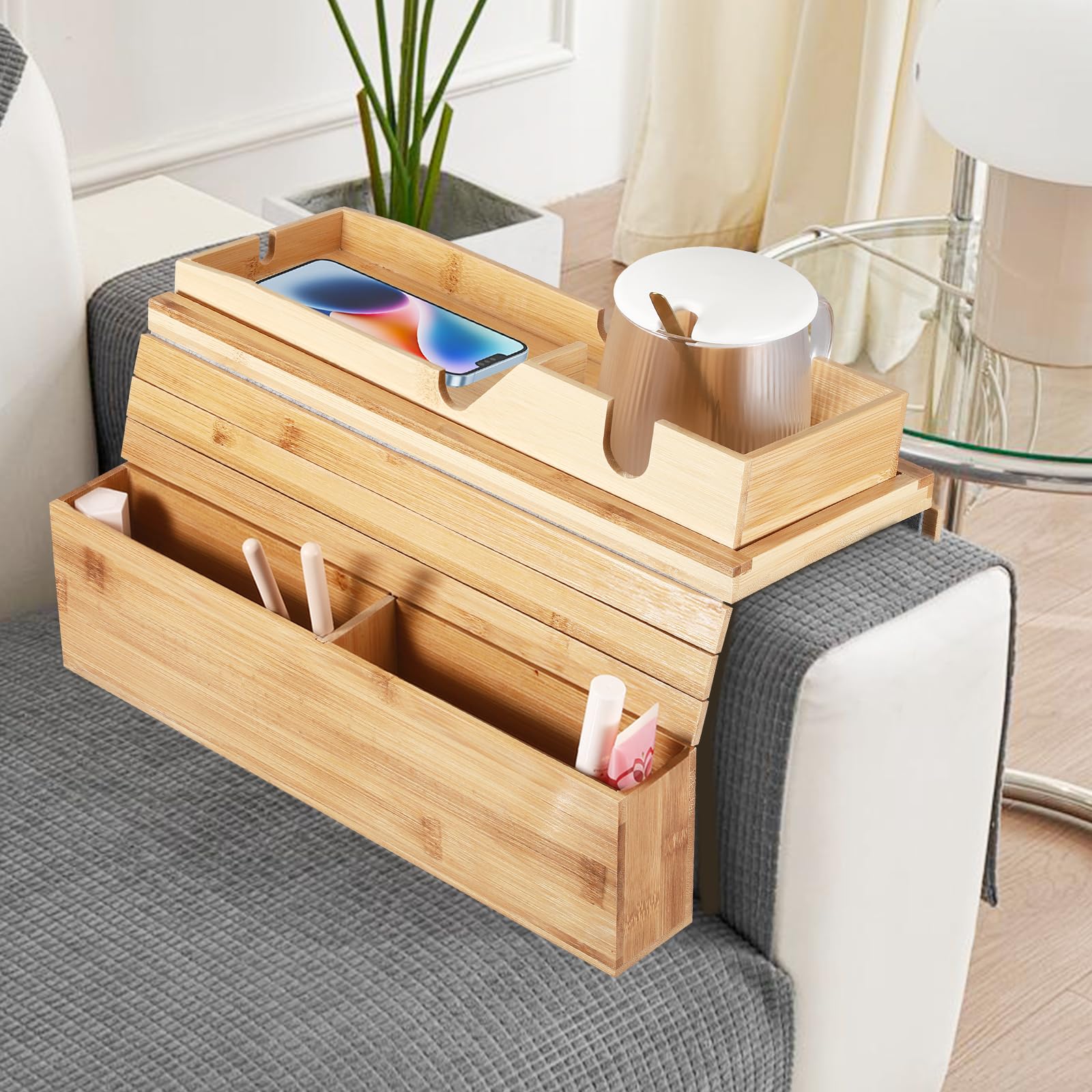 GEHE Bambus Couch-Tablett - Getränkehalter Für Sofa-Armlehnen Mit Snack-Ablage