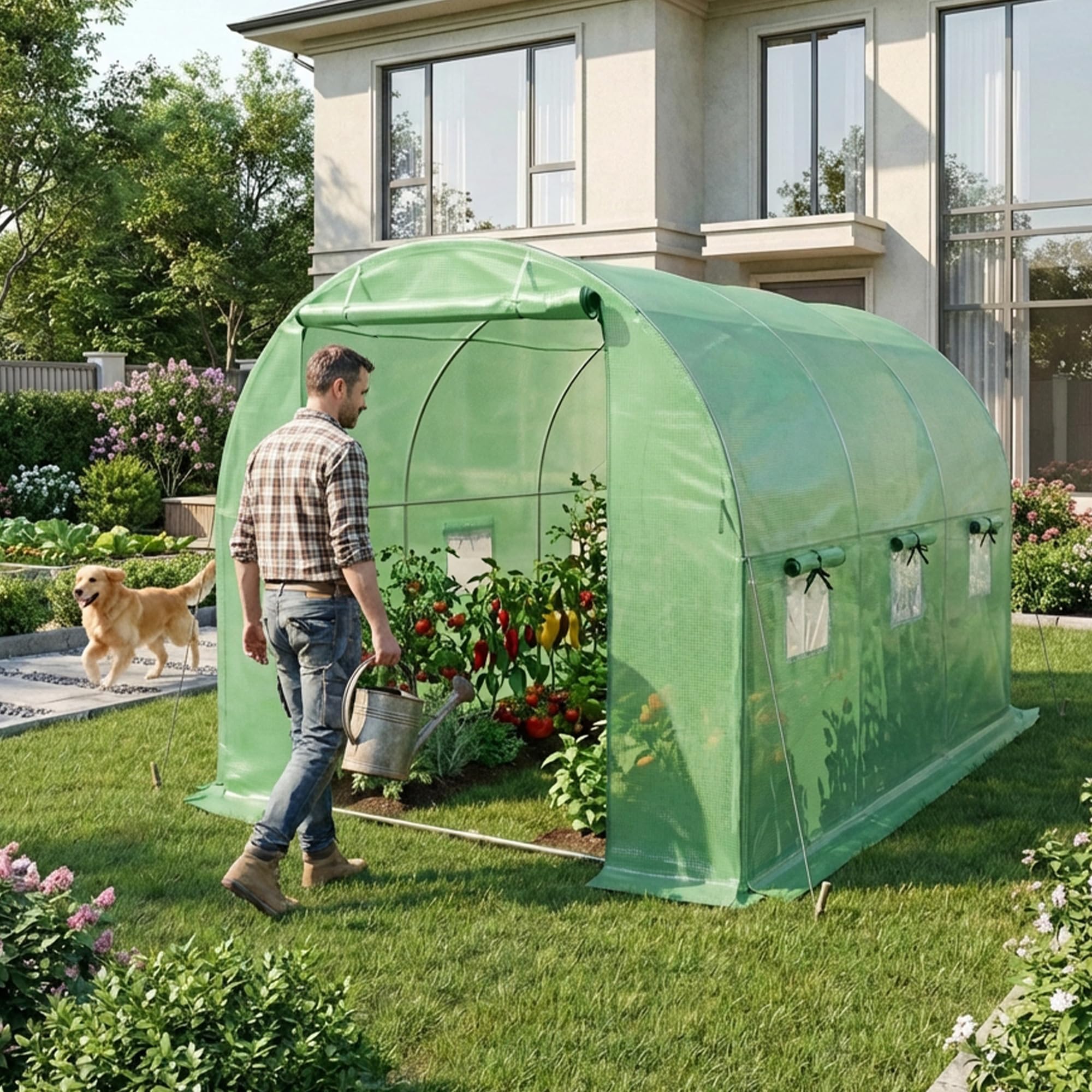 AKORD Invernadero de Túnel para Jardín con Estructura de Acero Galvanizado y Película de PE, 6 Ventanas y 1 Puerta, 200x300x200 cm, Verde