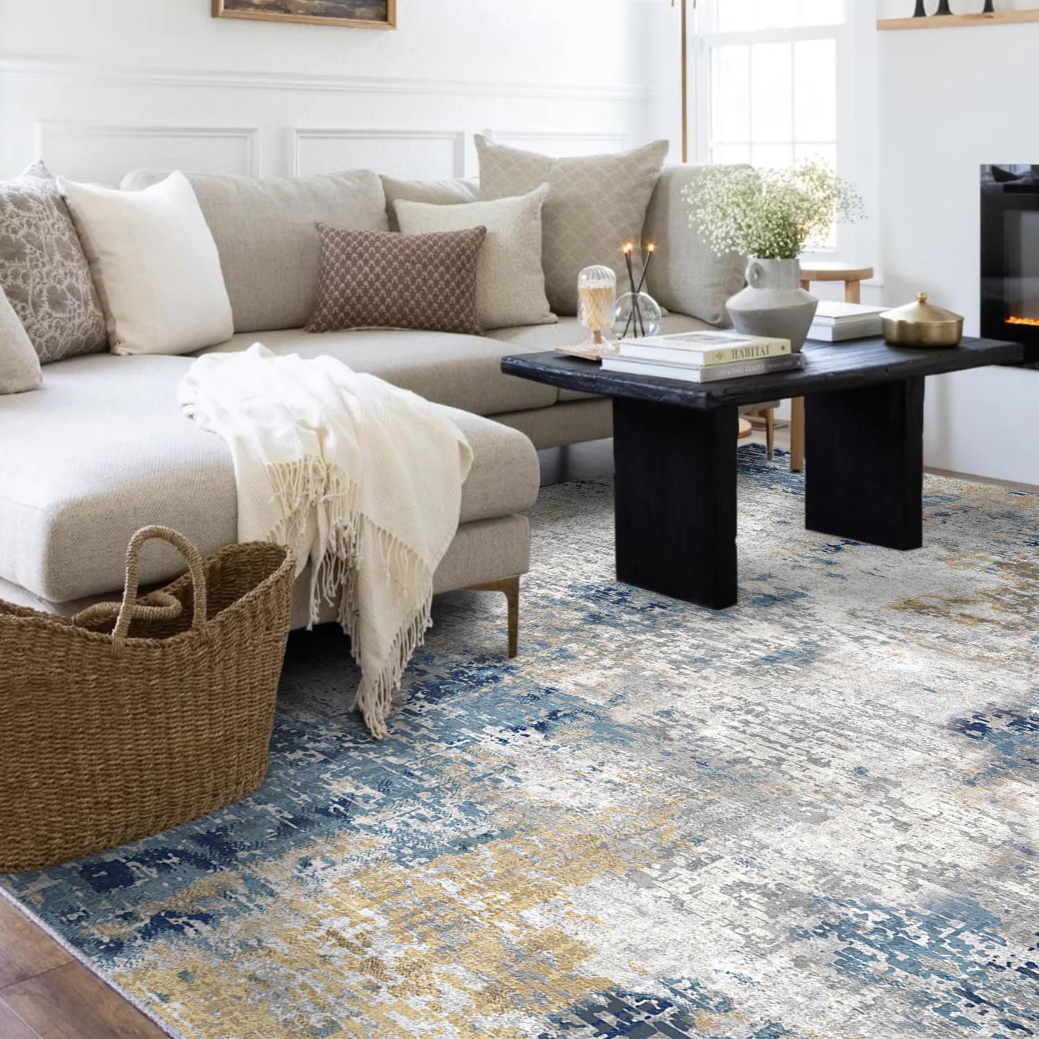 QD-Udreamy 8x10 Area Rugs - Machine Washable Area Rugs for Living Room, Soft Washable Rugs 8x10, Non-Slip Area Rug, Stain Resistant Abstract Low Pile Thin Rug