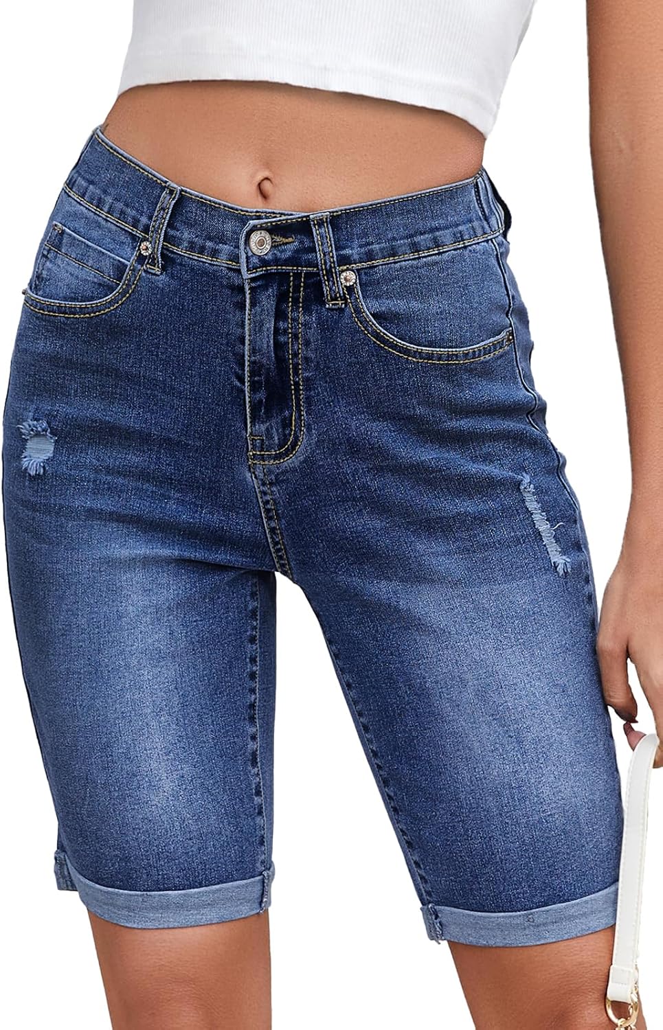 Women’s High Waisted Bermuda Denim Shorts Folded Hem Elastic Waist Stretchy Jean Shorts