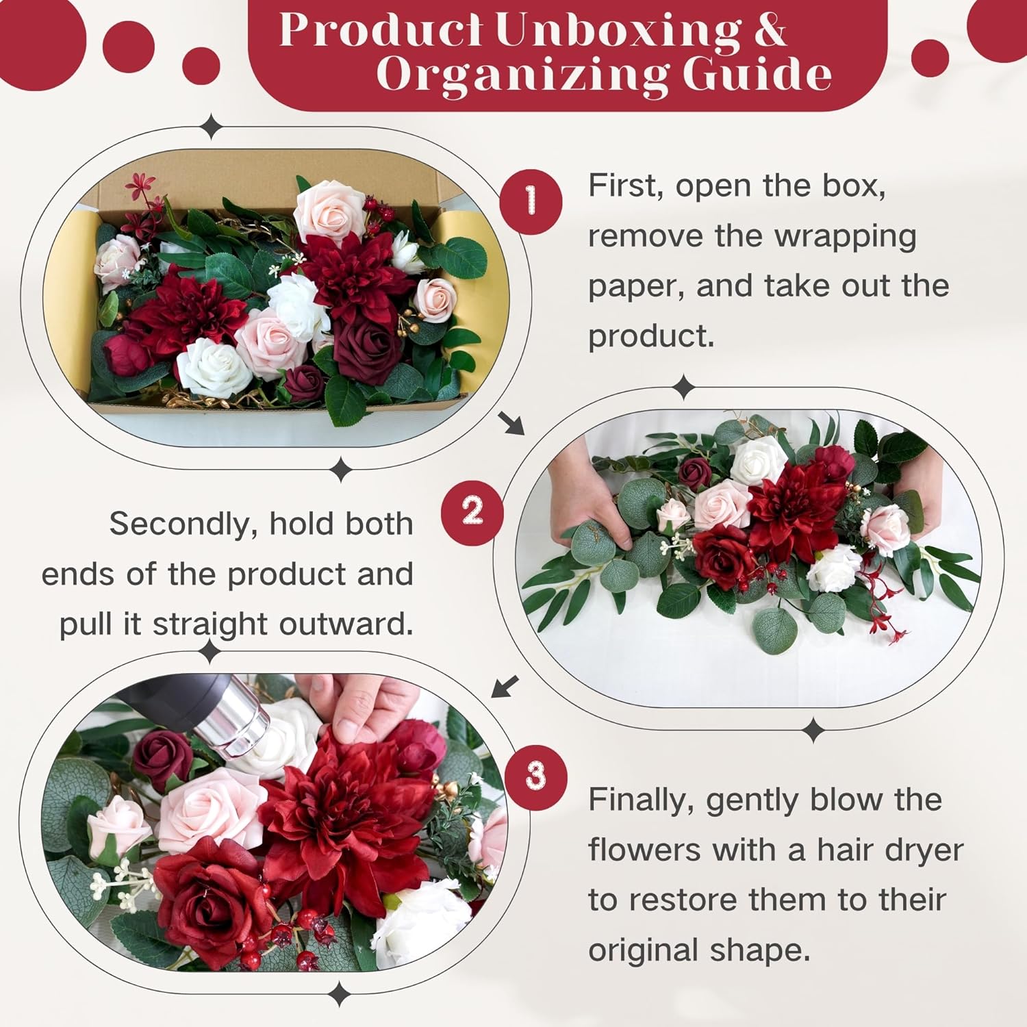 Artificial Flowers Decorations Pack of 2,Centerpieces for Wedding Reception Backdrop Decoration, Floral Decor Wall Home Entryway OutdoorDecorations (Red)