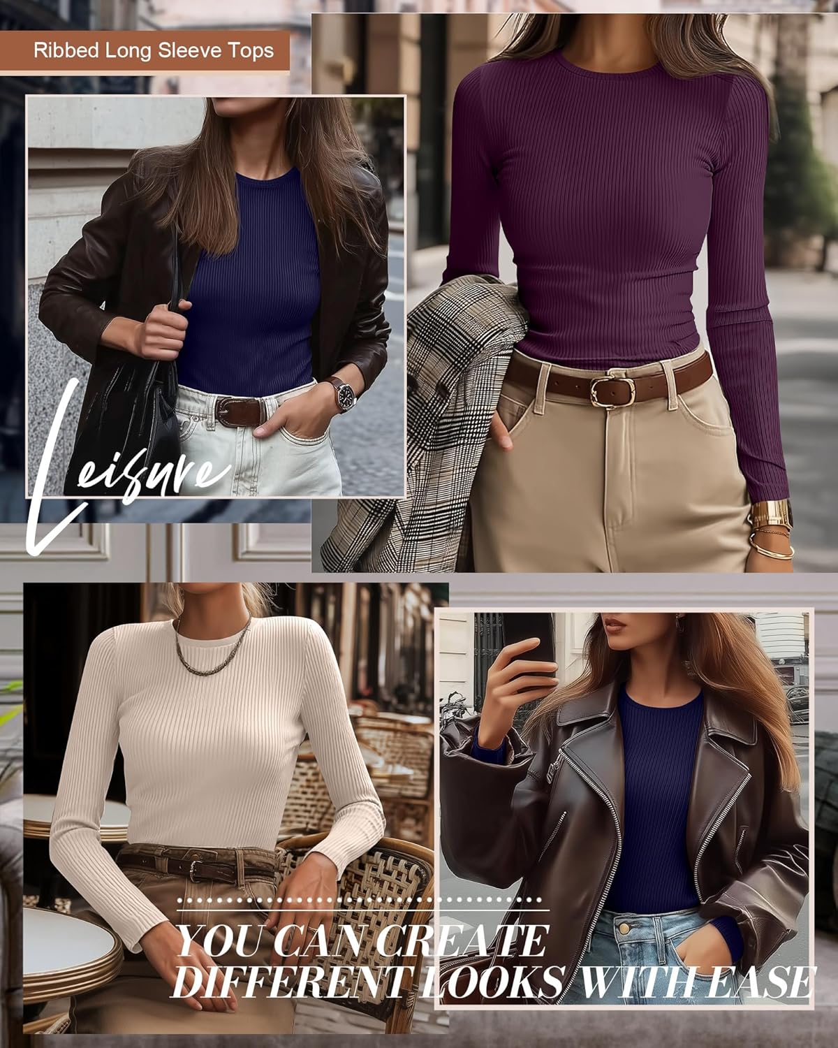 Ficerd 3 Pack Women's Ribbed Long Sleeve Tops, Crew Neck Slim Fit Undershirts Knit Basic Casual Stretch Layering Tee Shirts - Image 4