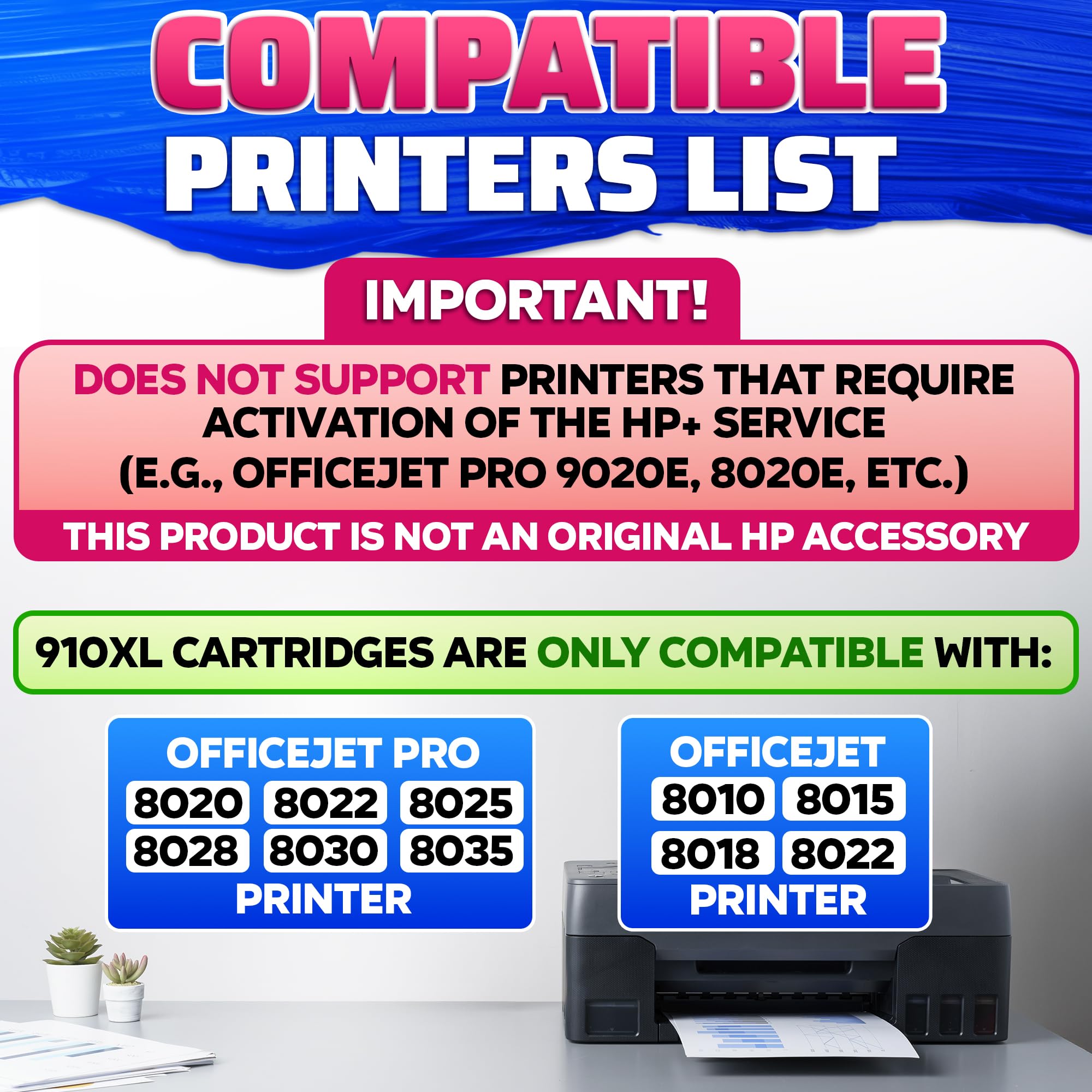 Confezione da 4 cartucce d'inchiostro 910XL per stampanti 910XL, nero e a colori per stampanti 8020, 8025, 8028, 8030, 8035, 8010, 8015, 8018, 8022, qualità di stampa affidabile e installazione rapida