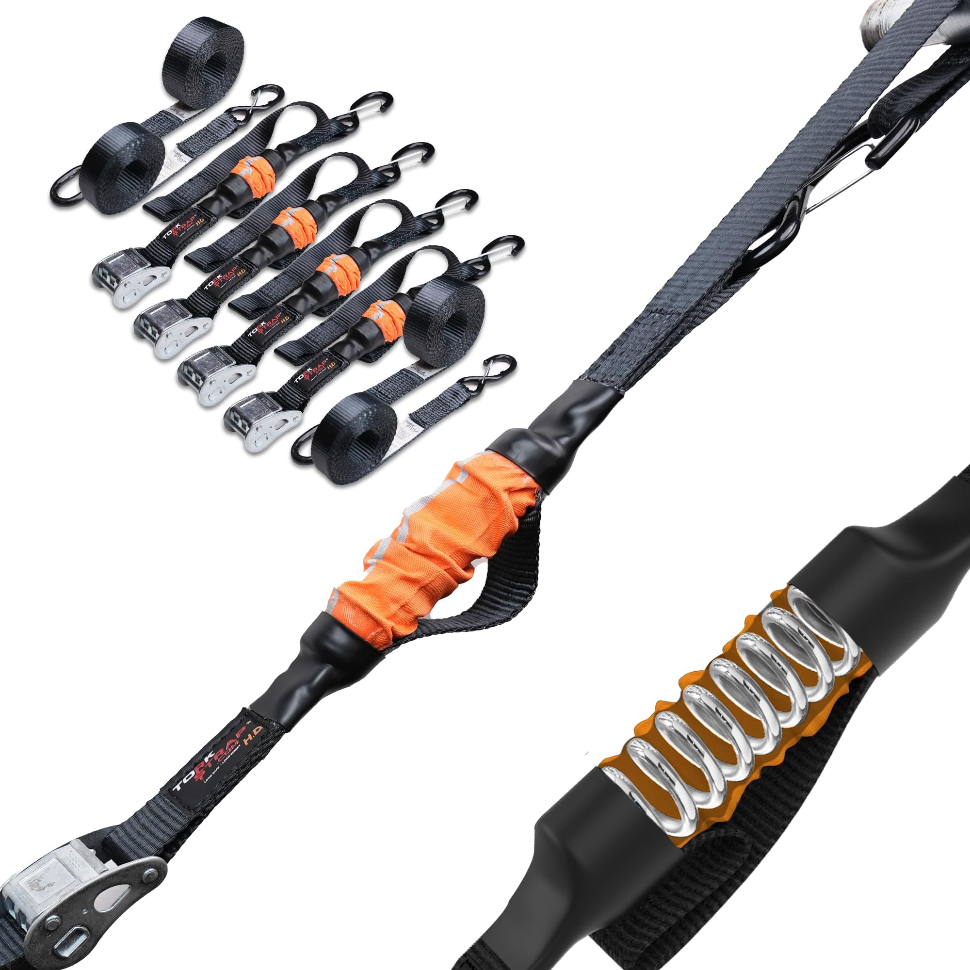 TorkStrap 14' x 1.5'' Self Tensioning Tie Down Straps [Patented] - Automatically Adapt to Load Shifts - 2,250LB Break Strength - Pull Alternative to Ratchet Straps - Integrated Soft Loop & Hook (4-PK)