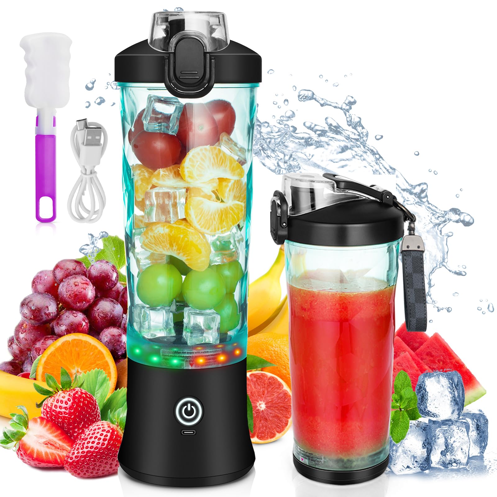 Frullatore Portatile per Frullati e Smoothie, 600mL Frullatore Portatile Ricaricabile USB con Coperchio a Tazza, 6 lame, Frullatore Personale Senza fili, Tazza per Smoothie Senza BPA