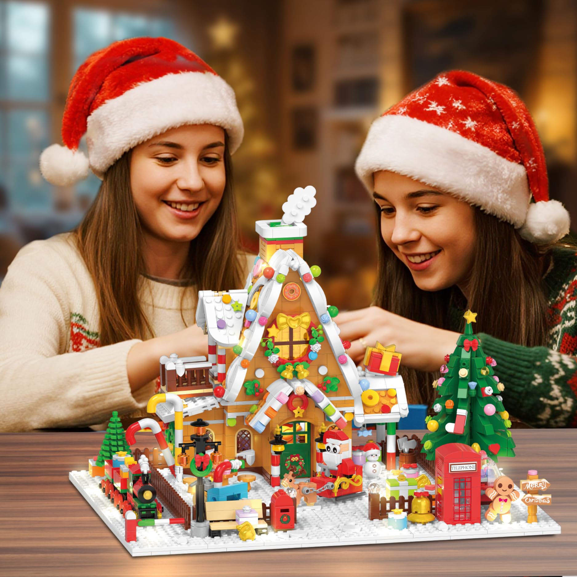 Plaxsoon - Casa de pan de jengibre navideño, juguete de construcción con luces, casa de Navidad, mini bloques de apriete - juguete con Papá Noel - Tren - 1763 piezas - Regalo para adultos, niños y