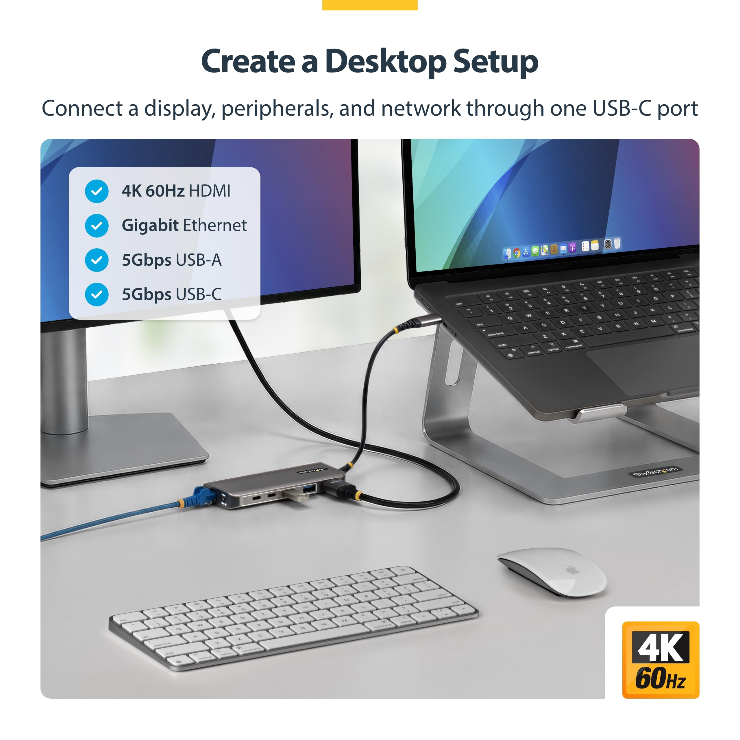 StarTech Hub USB-C 7-in-1 HDMI 4K 60Hz, 5 Porte 5Gbps, 140W PD, GbE