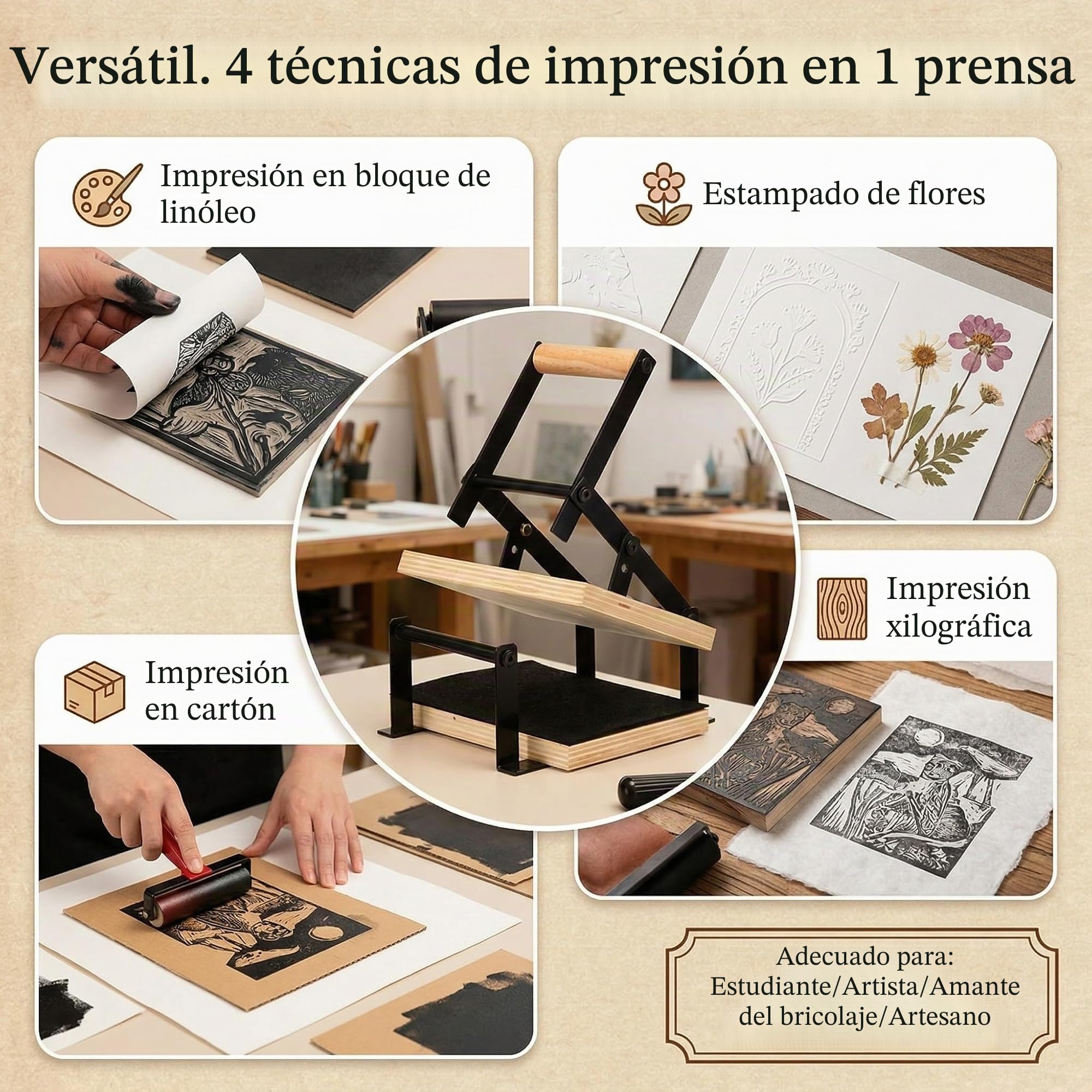 Máquina de prensa de palanca de mano Linocut con rodillos y almohadillas de fieltro para cortes de lino, impresión de corte, bloques de linóleo, kit de herramientas de impresión para máquina
