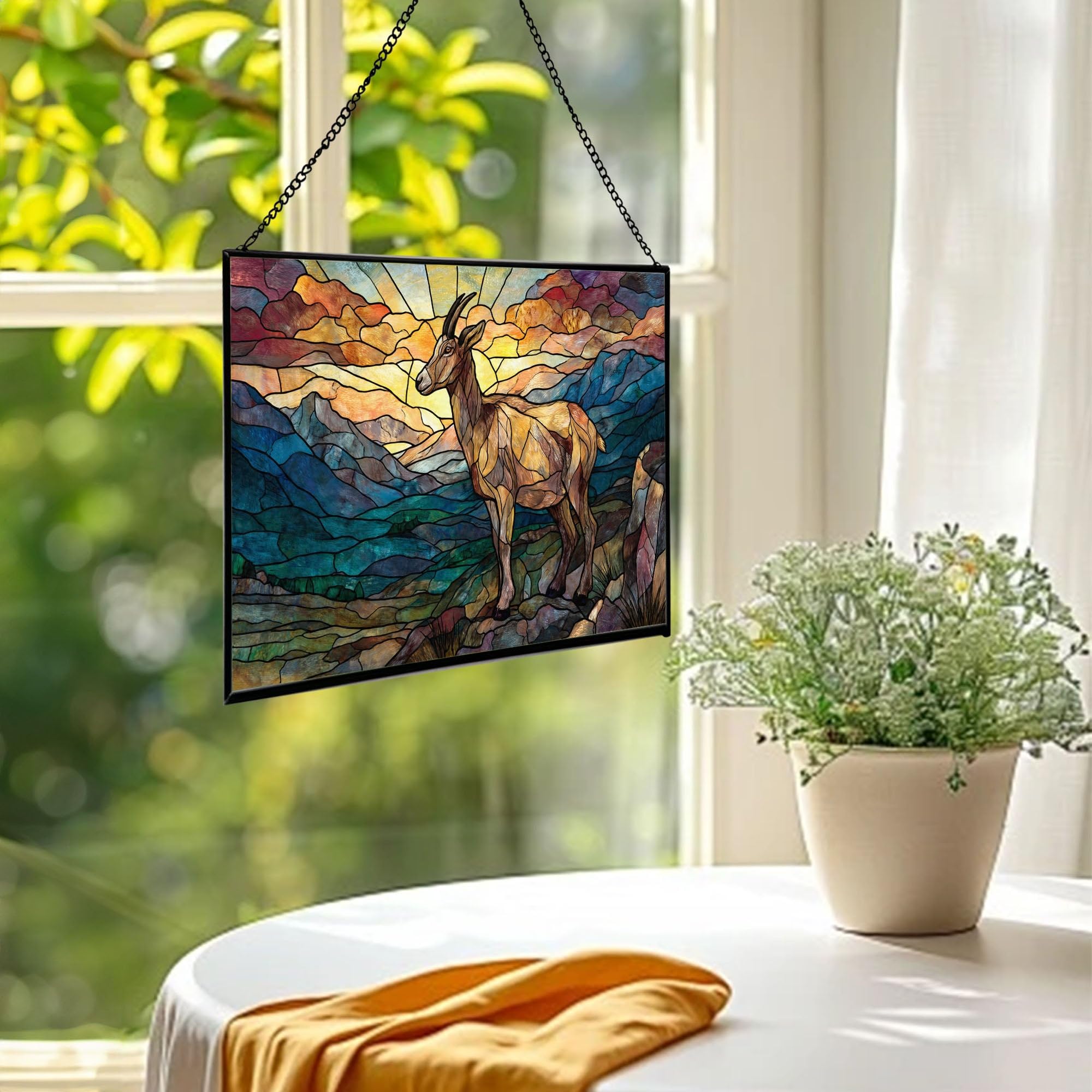 Goat Climbing Rocky Hillside Rectangular Stained Glass Suncatcher – Hanging Window Panel with Animal & Nature Scene – Vibrant Glass Art Gift for Wildlife, Fantasy, Nature Lovers njwApU