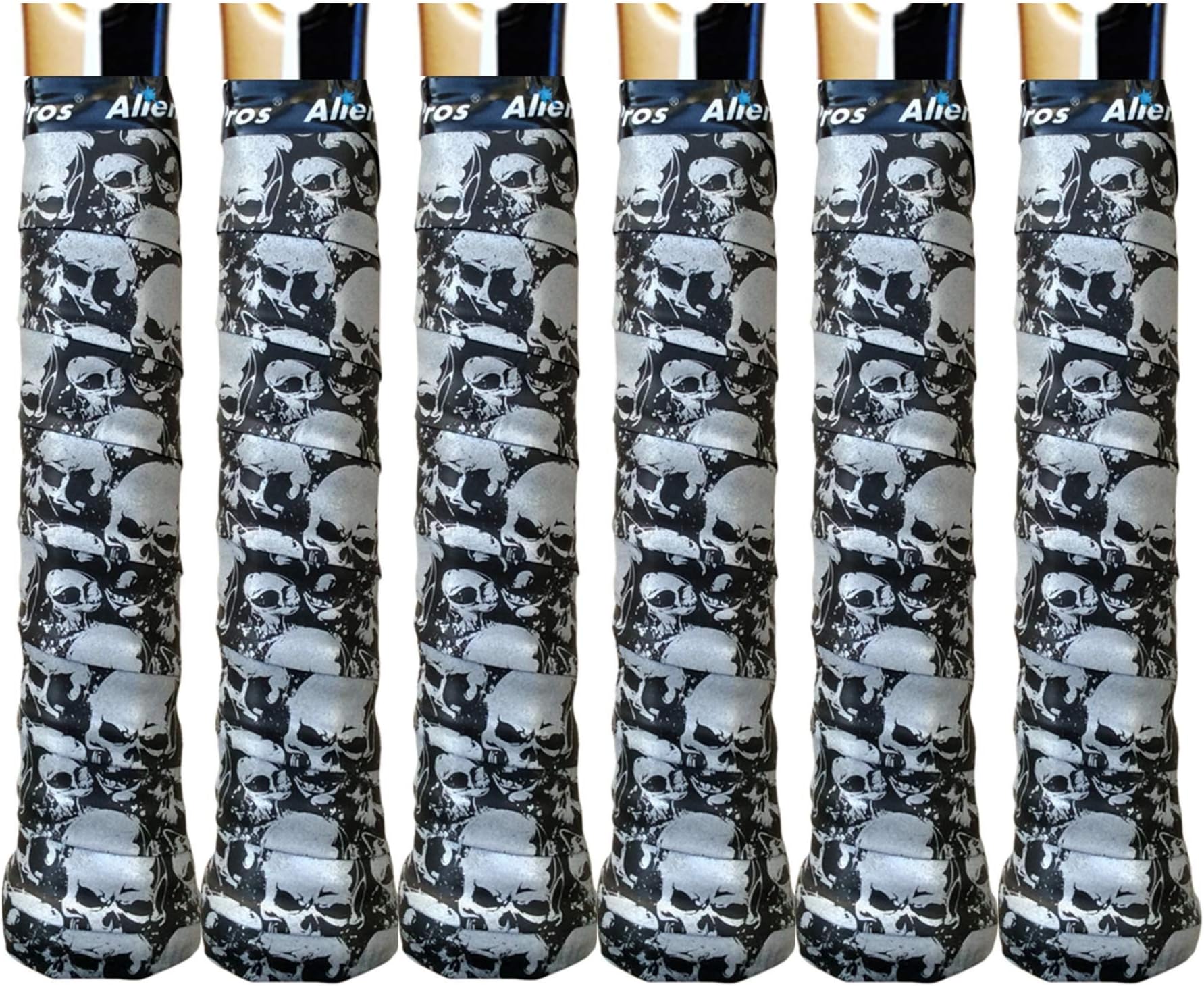 Alien ProsTennis Racket Grip Tape (6 Grips) – Tac Moisture Feel Tennis Grip – Tennis Overgrip Grip Tape Tennis Racket – Wrap Your Racquet for High Performance (6 Grips, Skull)