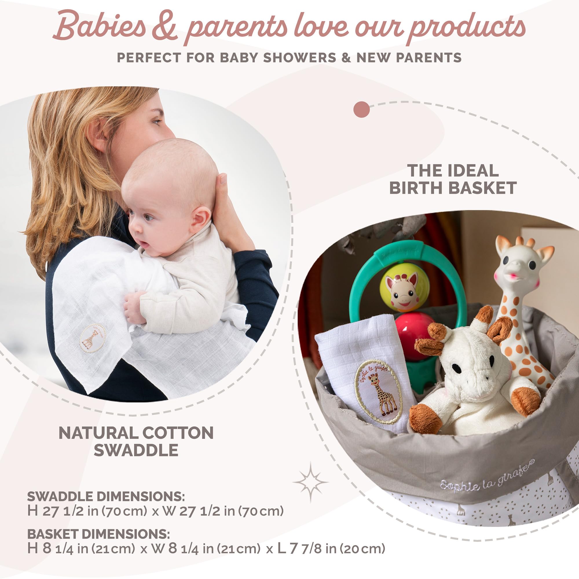 Sophie la Girafe - Corbeille de Naissance - Jouet d'Eveil - Les essentiels de bébé - 1 Doudou, 1 lange, 1 jouet à mâcher et 1 hochet dans un superbe panier