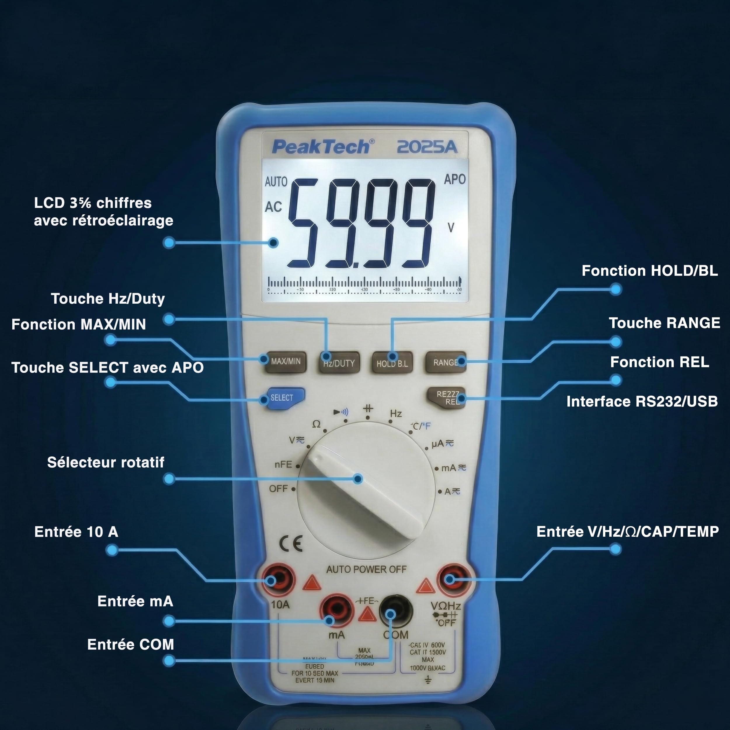 PeakTech® 2025 A Multimètre numérique True RMS ~ 6.000 points ~ 1000V AC/DC ~ 10A AC/DC ~ Auto-Range