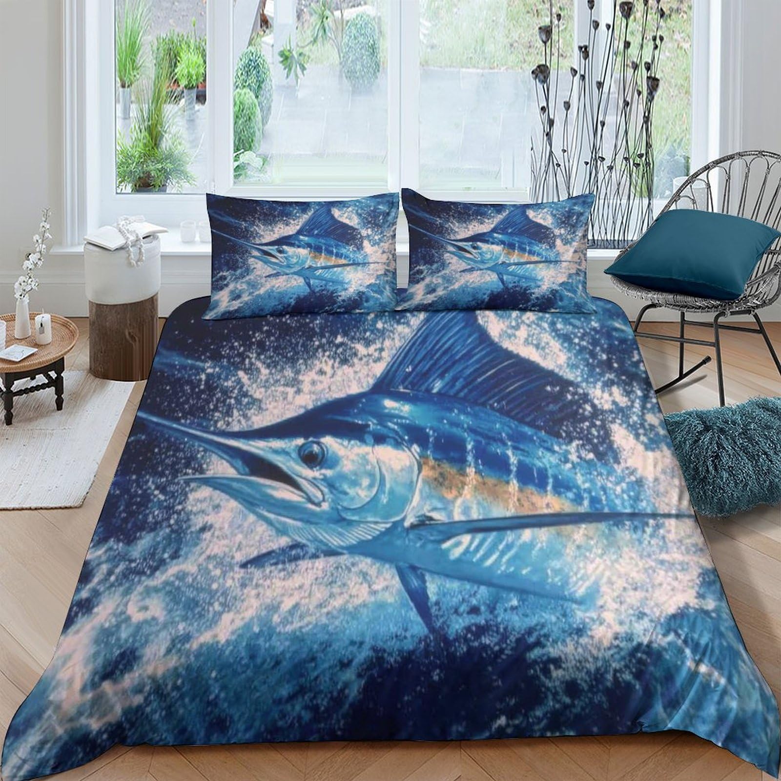 GPLZQXKJNH 3D Printed Blue Ocean Shark Duvet Cover Microfiber Soft Breathable Waves Bedding Set with 2 Pillowcases for Bedroom Decor Single（135x200cm）
