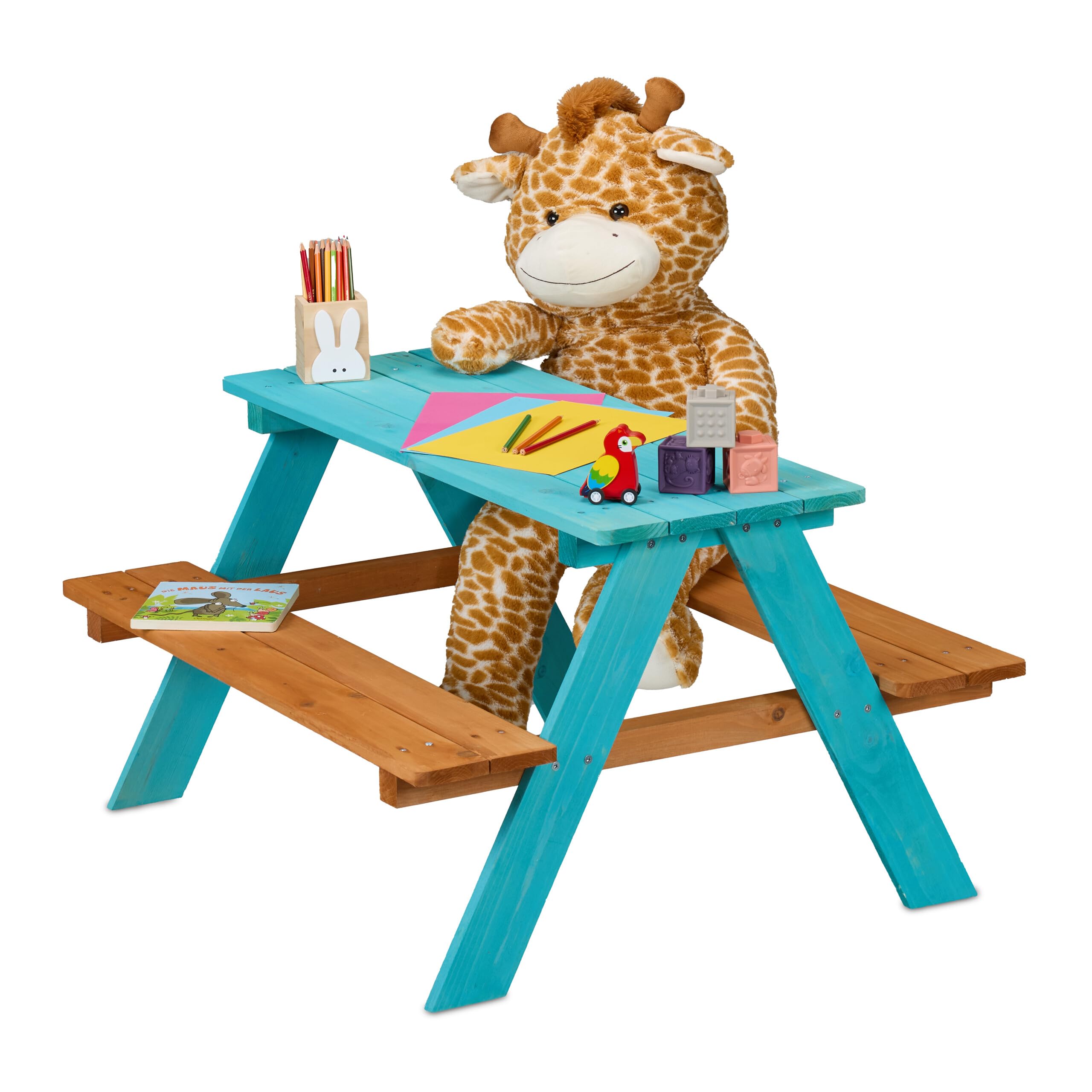 Relaxdays Tavolino da Bambini con Panche da Esterno, Tavolo da Picnic Giardino, 4 Posti, 51x90x78cm, Legno Naturale, Blu