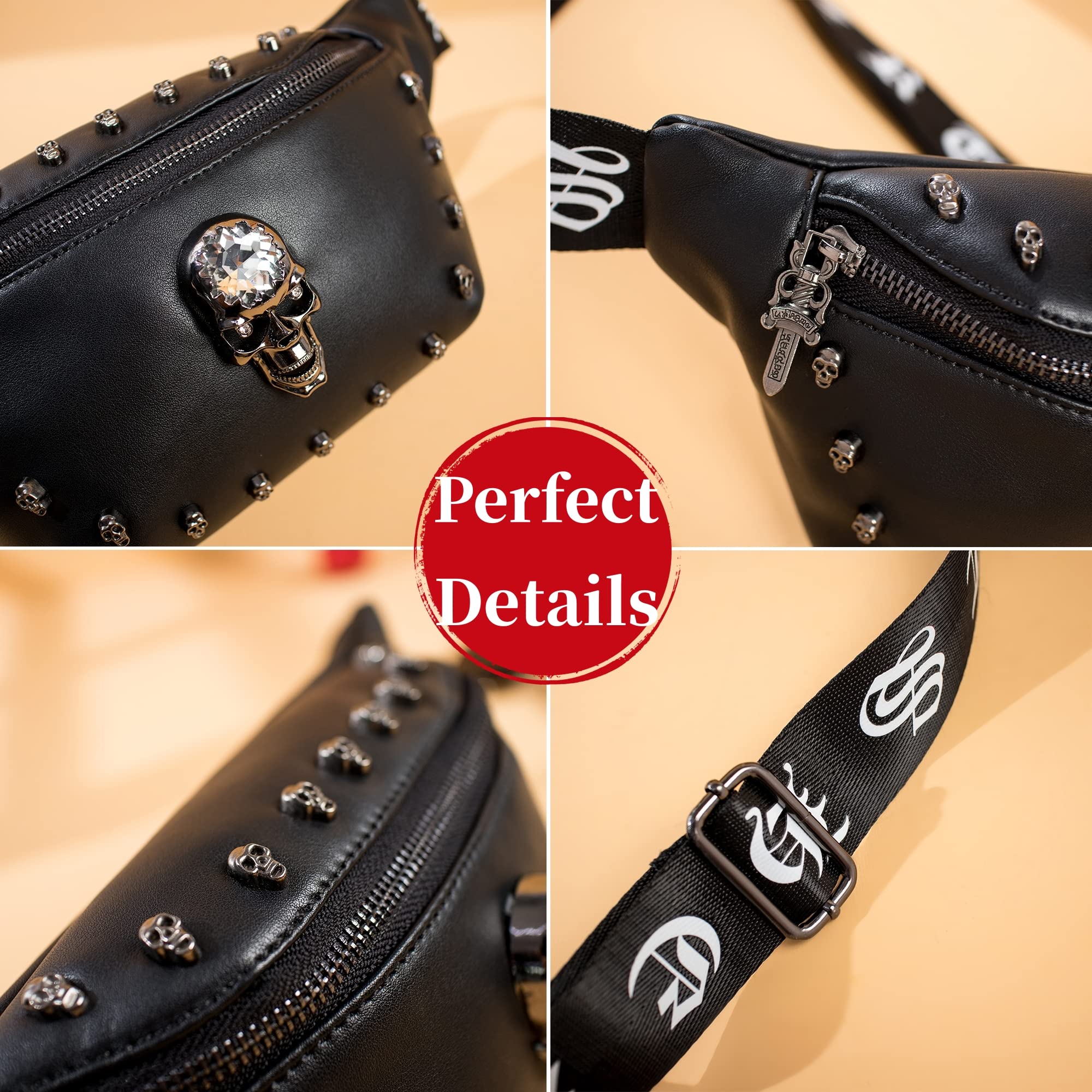Riñoneras de cuero para mujer, riñonera de cuero a la moda, cangurera negra con diseño de calavera para mujer, bolsa cruzada para cinturón para vacaciones, festivales, viajes, correr, senderismo, 4
