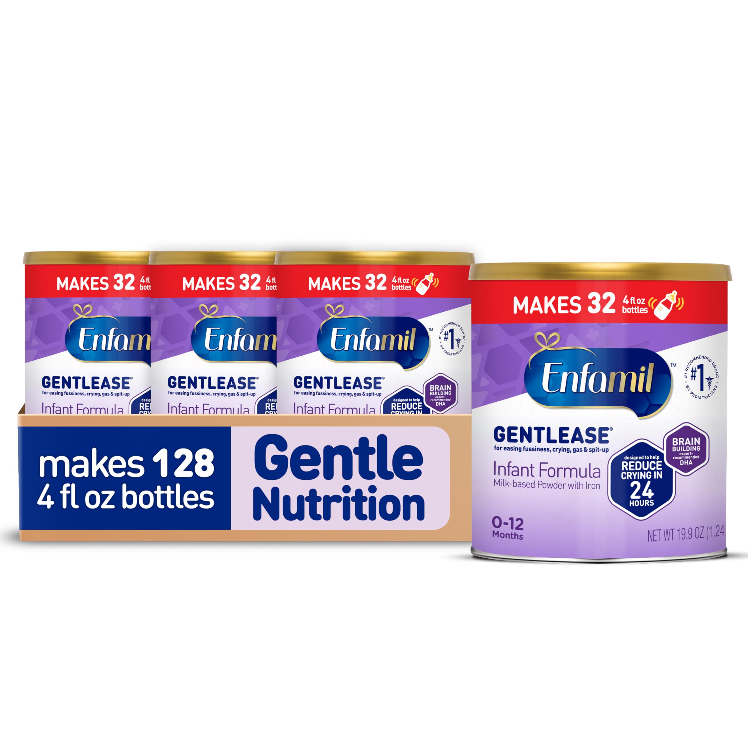 Enfamil Gentlease Baby Formula, Clinically Proven to Reduce Fussiness, Crying, Gas & Spit-up in 24 hours, Brain-Building Omega-3 DHA & Choline, Infant Formula Powder, Baby Milk, 19.9 Oz Can, 4 Count