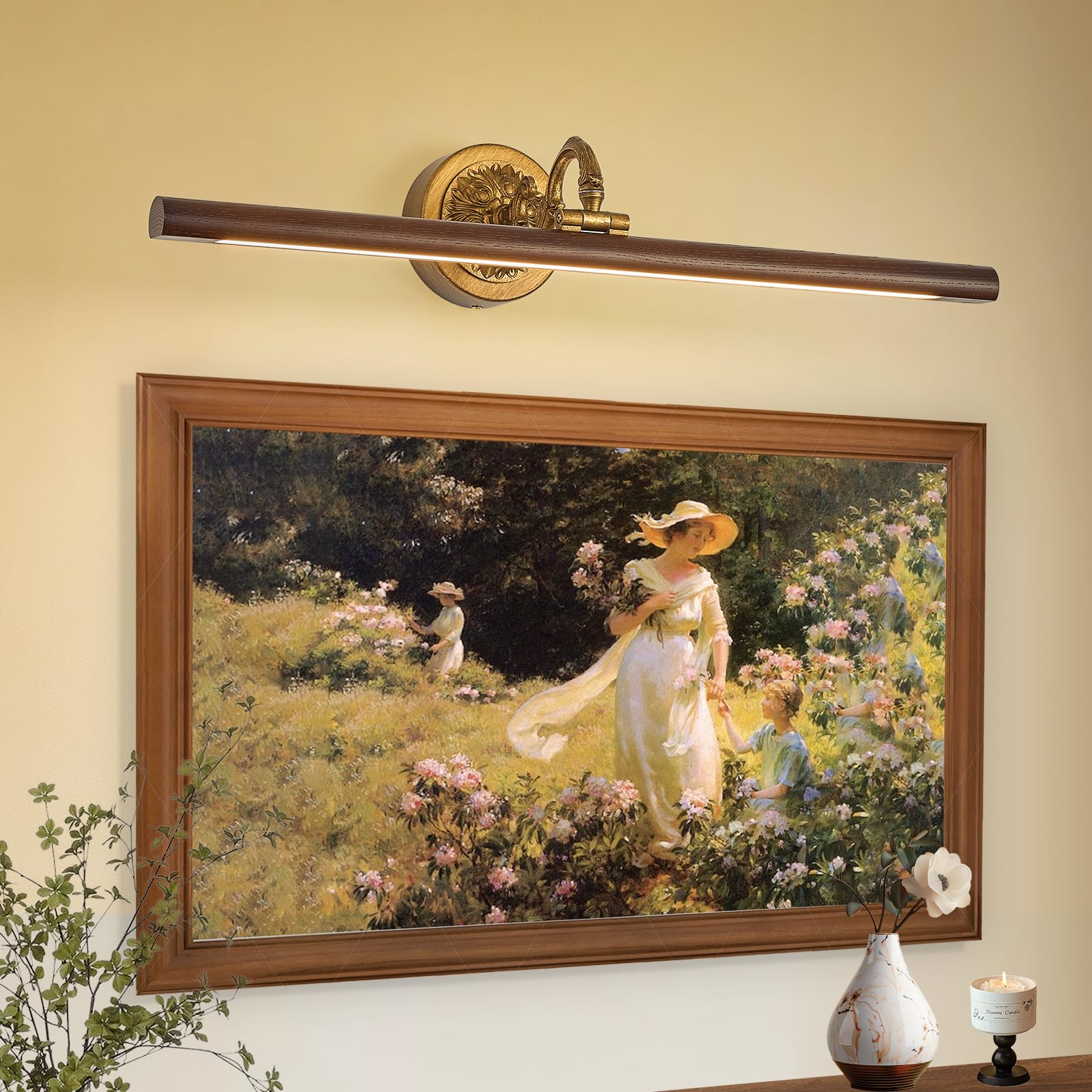 VitaLink Picture Lights for Wall, Remote Control Hardwired Artwork Picture Lighs 27.5” Long Retro Gold Wall Paintings Display Lighting Swing Arms Wooden Wall Lamp Bathroom Vanity Light Dimmable