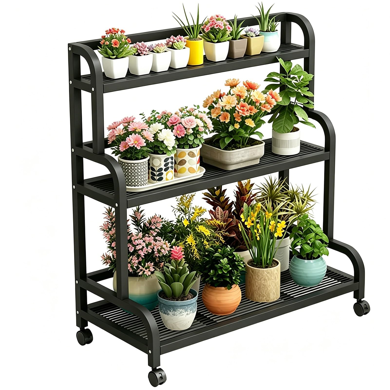 DMCHENGMA Versatile 3-Tier Wrought Iron Plant Stand | Mobile Ladder Planter Rack with Brake Wheels, Black Flower Display Shelf(100x40x107cm)
