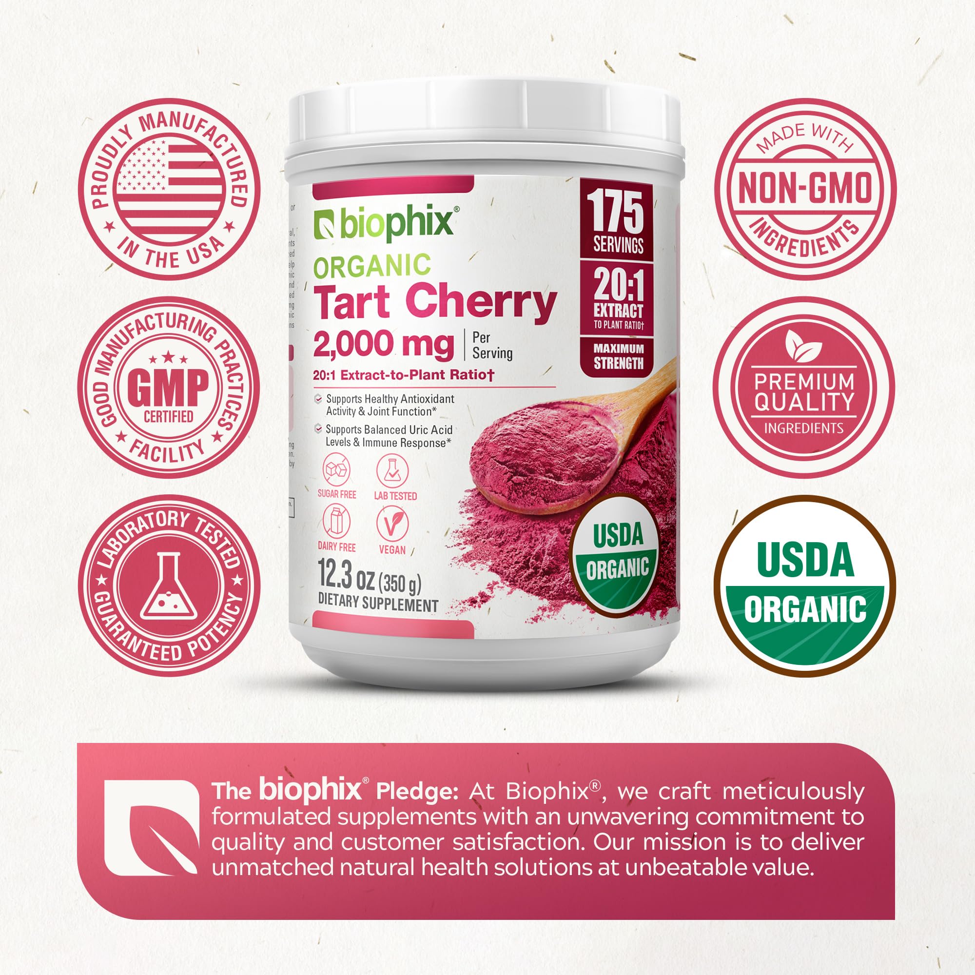 biophix Tart Cherry Powder Organic USDA 20:1 Extract 12.3 oz 350 g - Antioxidant-Rich Superfood - Supports Heart Health - Digestive Health - Natural Flavor - No Sugar Added — Amazon image 4