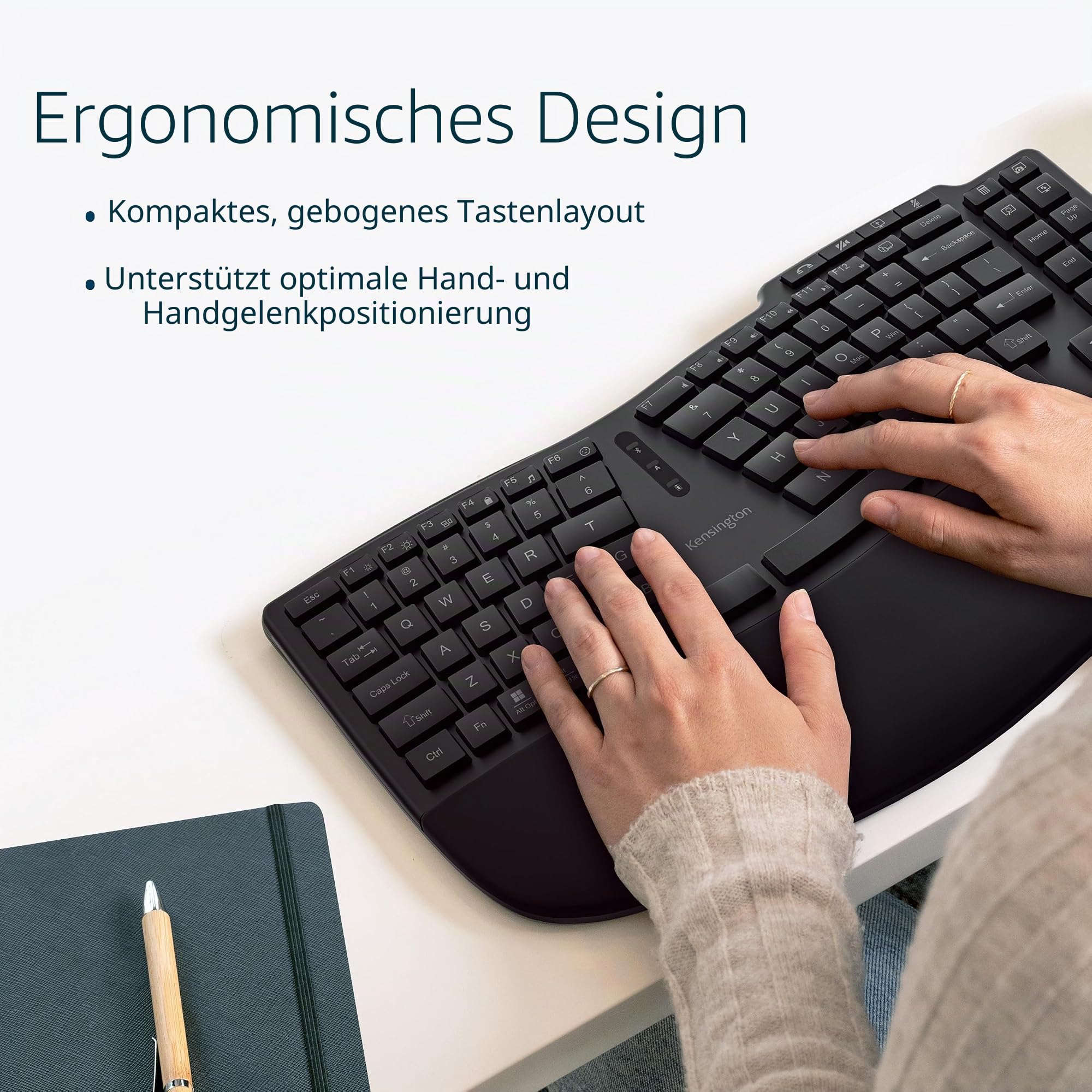 Kensington Pro Fit Ergo KB675 EQ Kabellose Tastatur, wiederaufladbar, Bluetooth-Tastatur, 2,4 GHz, AZERTY, kompatibel mit Windows & MacOS, enthält 43% recycelte Materialien nach dem Verbrauch