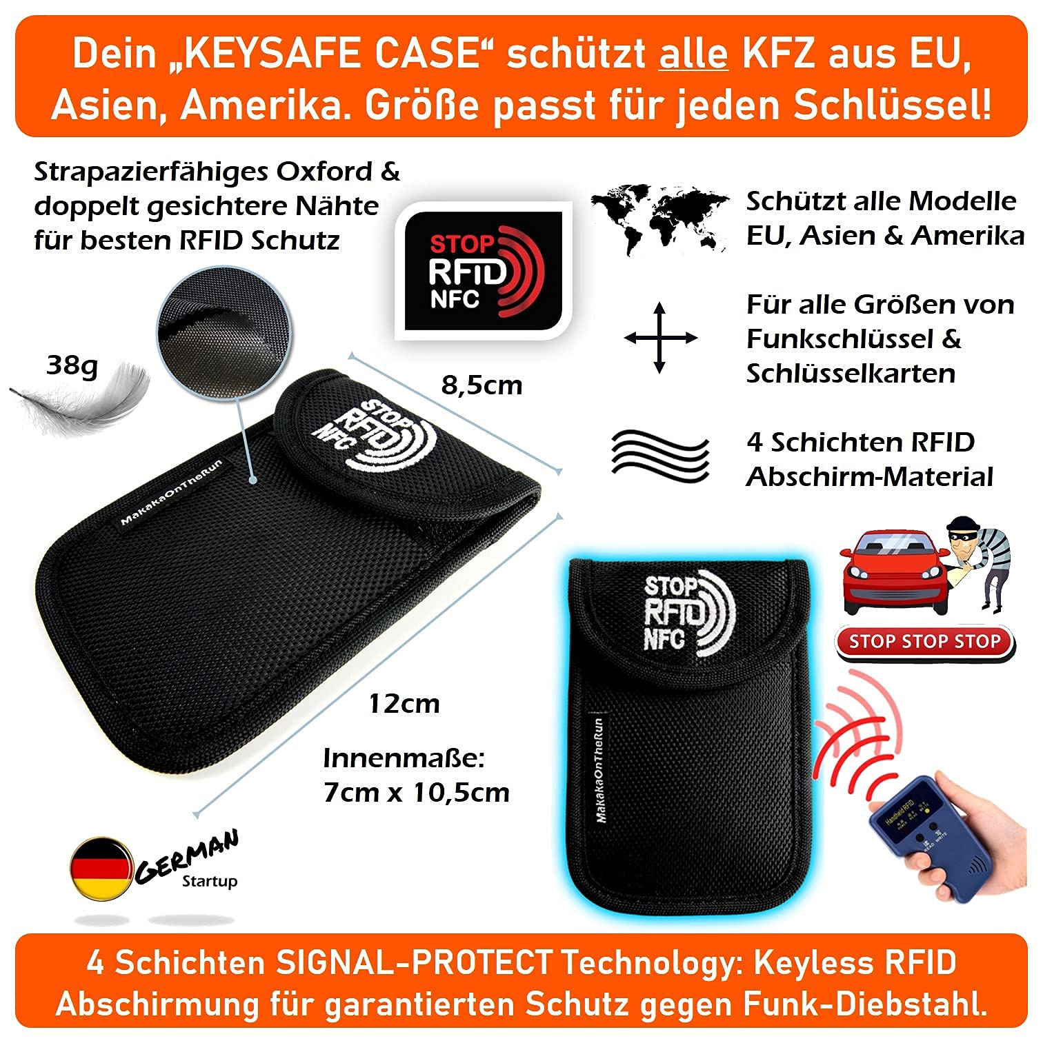 MakakaOnTheRun Funda para llave de coche - Keyless Go Protección con 2 compartimentos de protección RFID, funda para llaves de coche para todos los vehículos de la UE, Asia y América