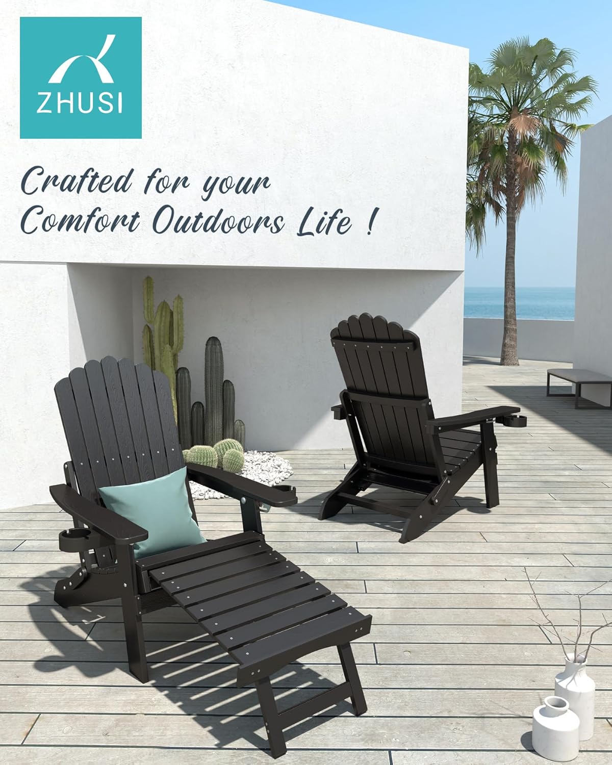 ZHUSI Folding Adirondack Chairs Set of 2 with Retractable Ottoman, Adjustable Adirondack Chair with 2 Cup Holders, Outdoor Chairs for Porch Patio Lawn Balcony Weather Resistant, Black
